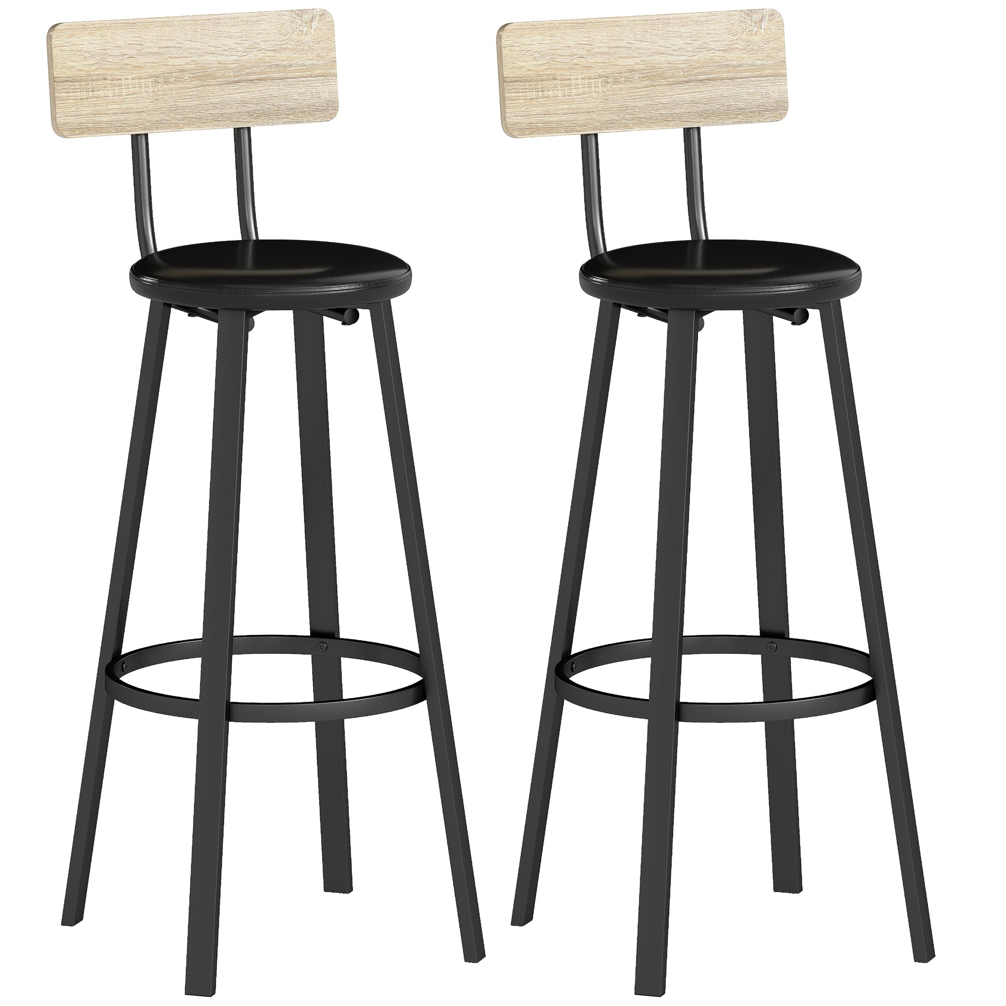HOMCOM Set of 2 Bar Stools, Kitchen High Stools with Backrest and Footrest, PU Upholstered Seat, 75.5 cm Height, Easy Assembly, Industrial Style, Natural and Black