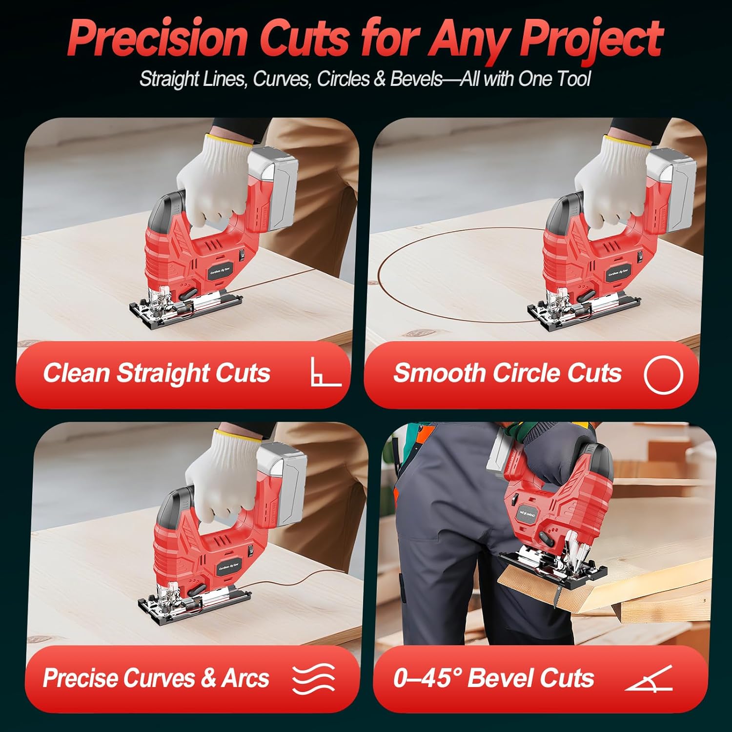 Cordless Jigsaw Compatible with Milwaukee 18V Battery, Brushless Motor, 7-Speed Variable Control, 3200 RPM, 800W Power, Guide Rail, 0–45° Bevel, LED Light, 6 Blades (Tool Only)