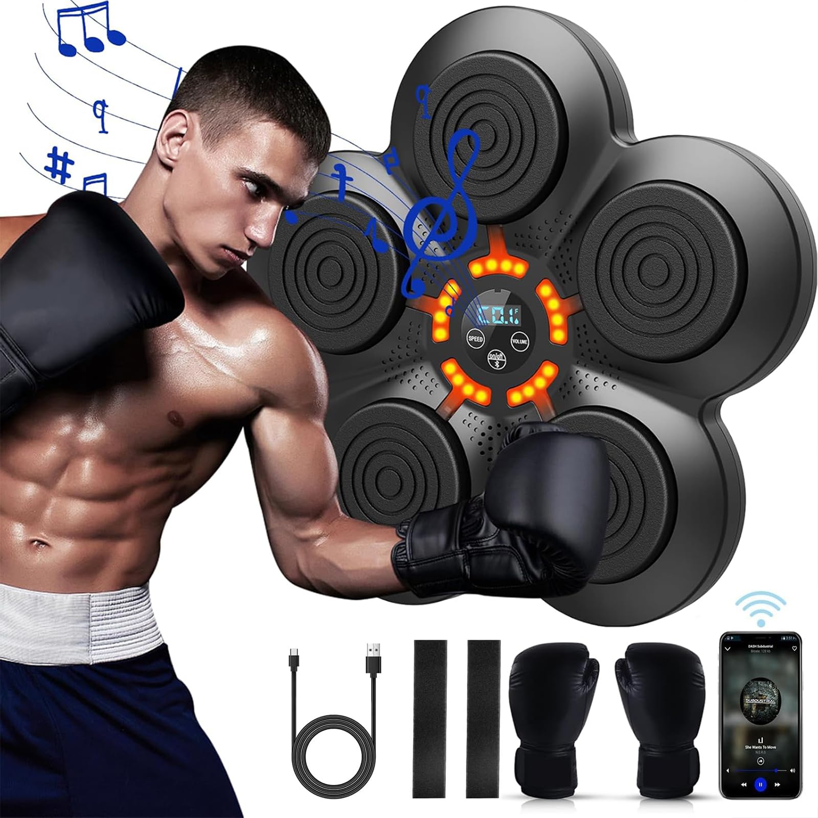 Machine De Boxe Musicale VHV – 9 Modes De Vitesse, Bluetooth, Détection Lumineuse, Pour Adultes Et Enfants, Fixation Murale