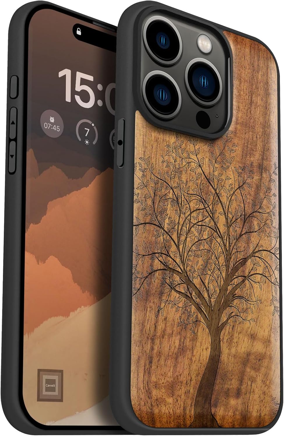 Carveit Magnetic Wooden Case for iPhone 15 Pro Case, Compatible with MagSafe Wireless Chargers, Black Soft TPU Shockproof Cover & Wood Artisan Engraved (Leafy Tree) - Walnut