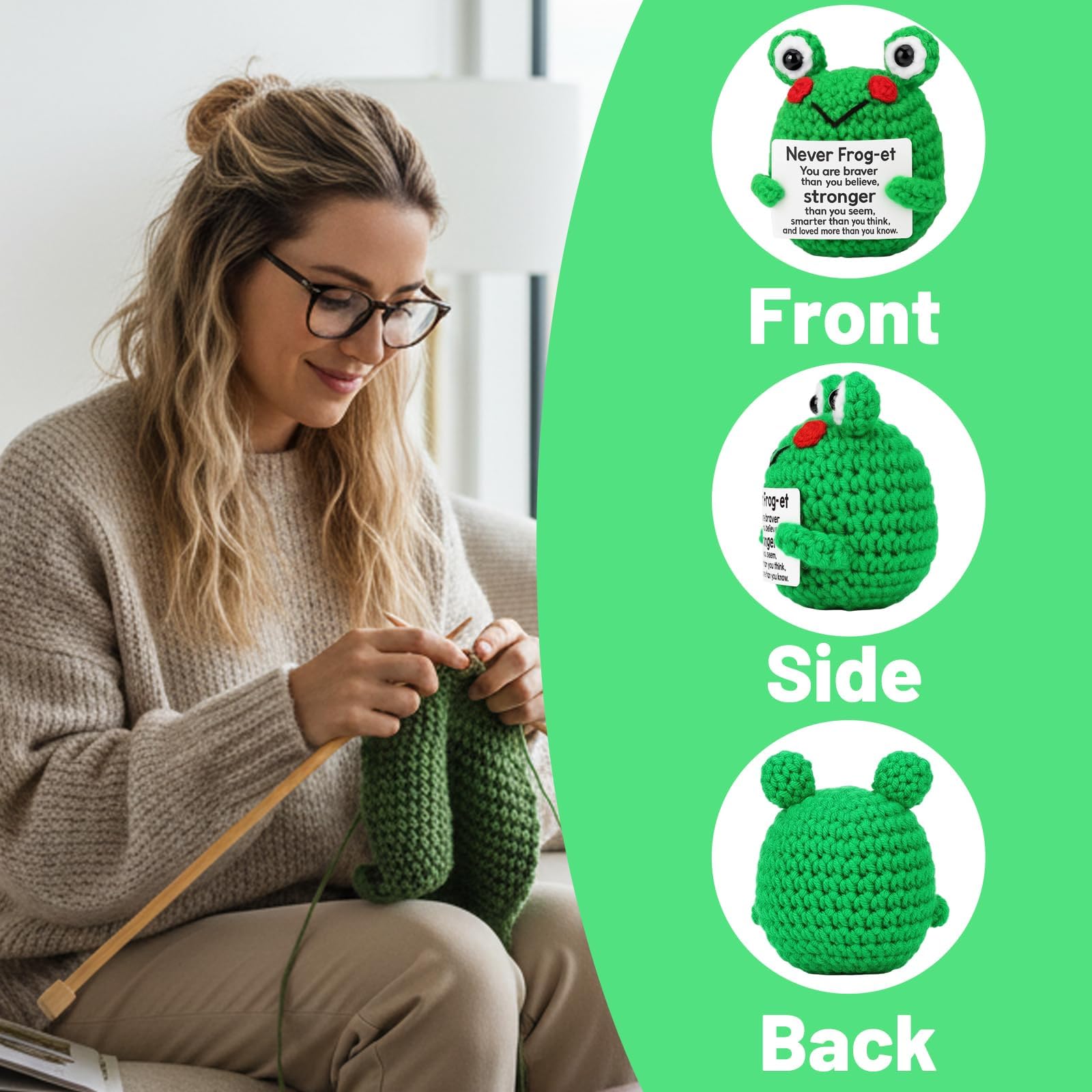 YgonziRuvc Positive Frog Crochet Emotional Support Plush Doll with Card, Cute Knitted Green Frog Potato Toy - Image 3
