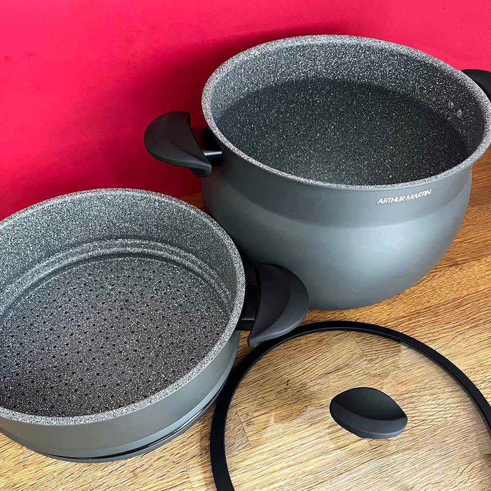 AM2215 : Couscoussier Arthur Martin en Aluminium 10L Revêtement Anti Adhérent - 26cm - Tous Feux dont Induction avec Bouchon Évaporateur - Couleur Gris Mat