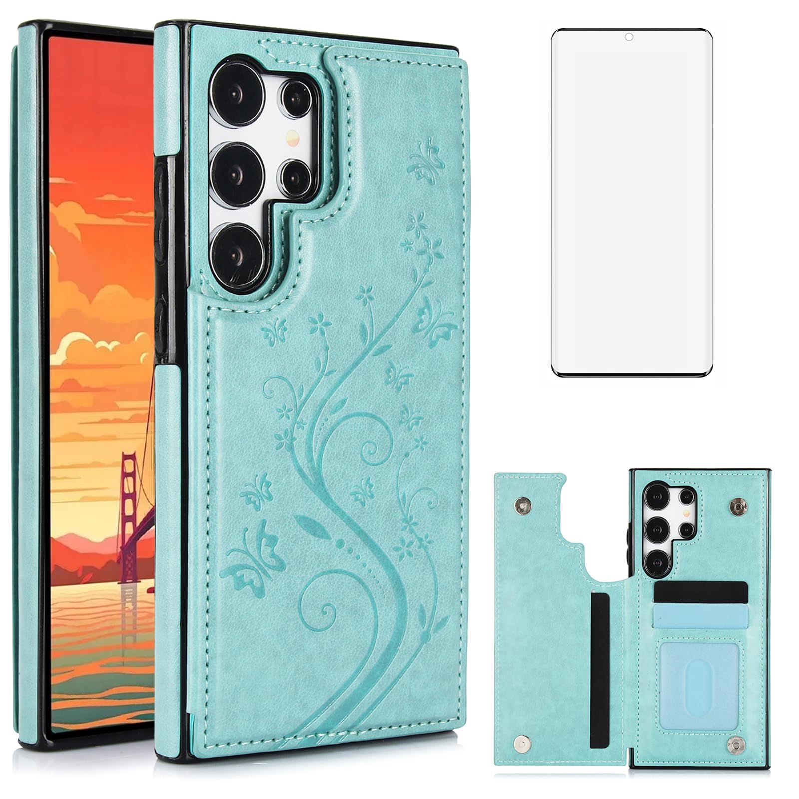 Phone Case for Samsung Galaxy S24 Ultra 5G with Tempered Glass Screen Protector Card Holder Wallet Cover Stand Flip Leather Cell Accessories S24Ultra 24S S 24 24Ultra 2024, 6.8 inch Women Men Green