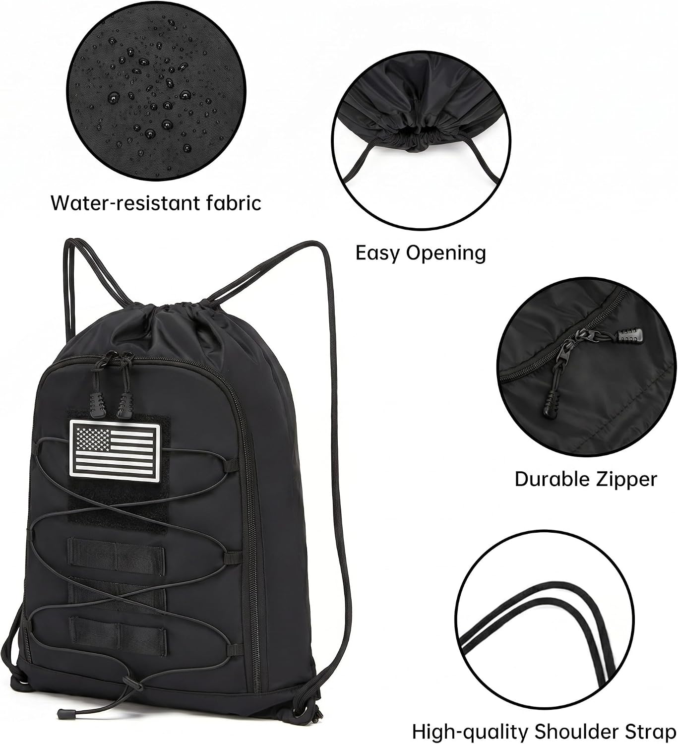 seyfocnia Drawstring Backpack Tactical String Gym Bag with Zipper Pockets, Waterproof Cinch Bag Sport Gym Backpack for Men, Black