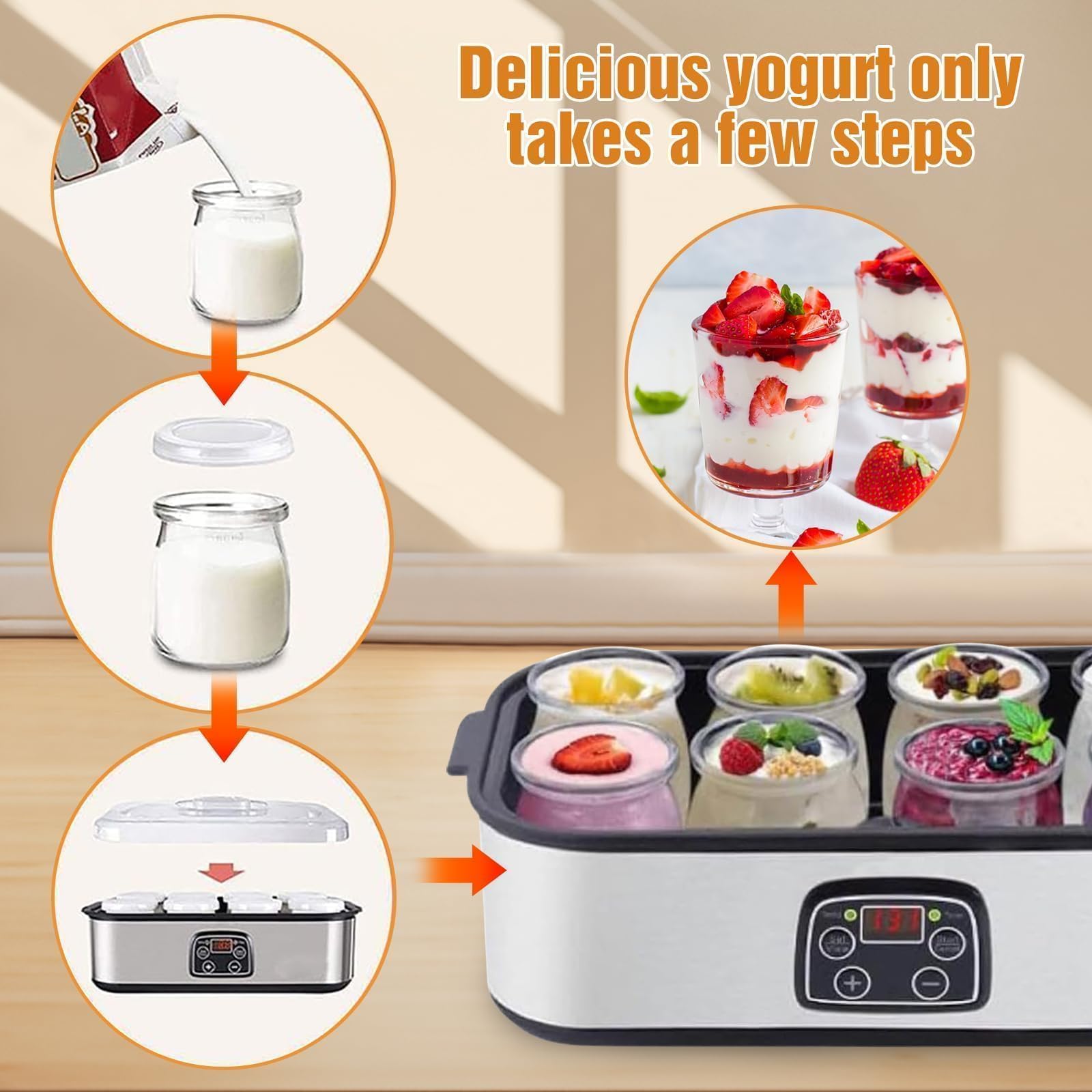 Yogurtiera Automatica Ultimate da 1400 ml, con 8 vasetti di Yogurt in Vetro da 180 ml, Controllo di Temperatura e Tempo Regolabili, Macchina per Yogurt probiotico con Display LCD