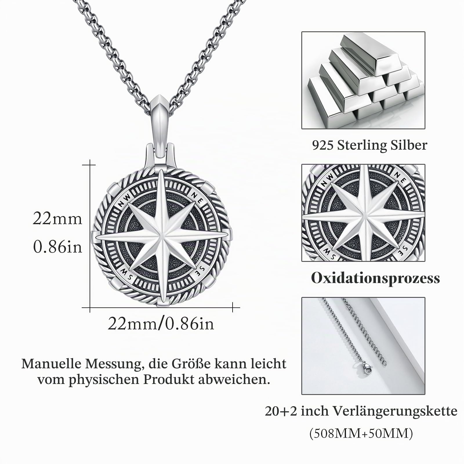 OHAYOO Kompass Anhänger Kette mit Foto 925 Sterling Silber Medaillon zum Öffnen Piraten Kette für Herren Damen