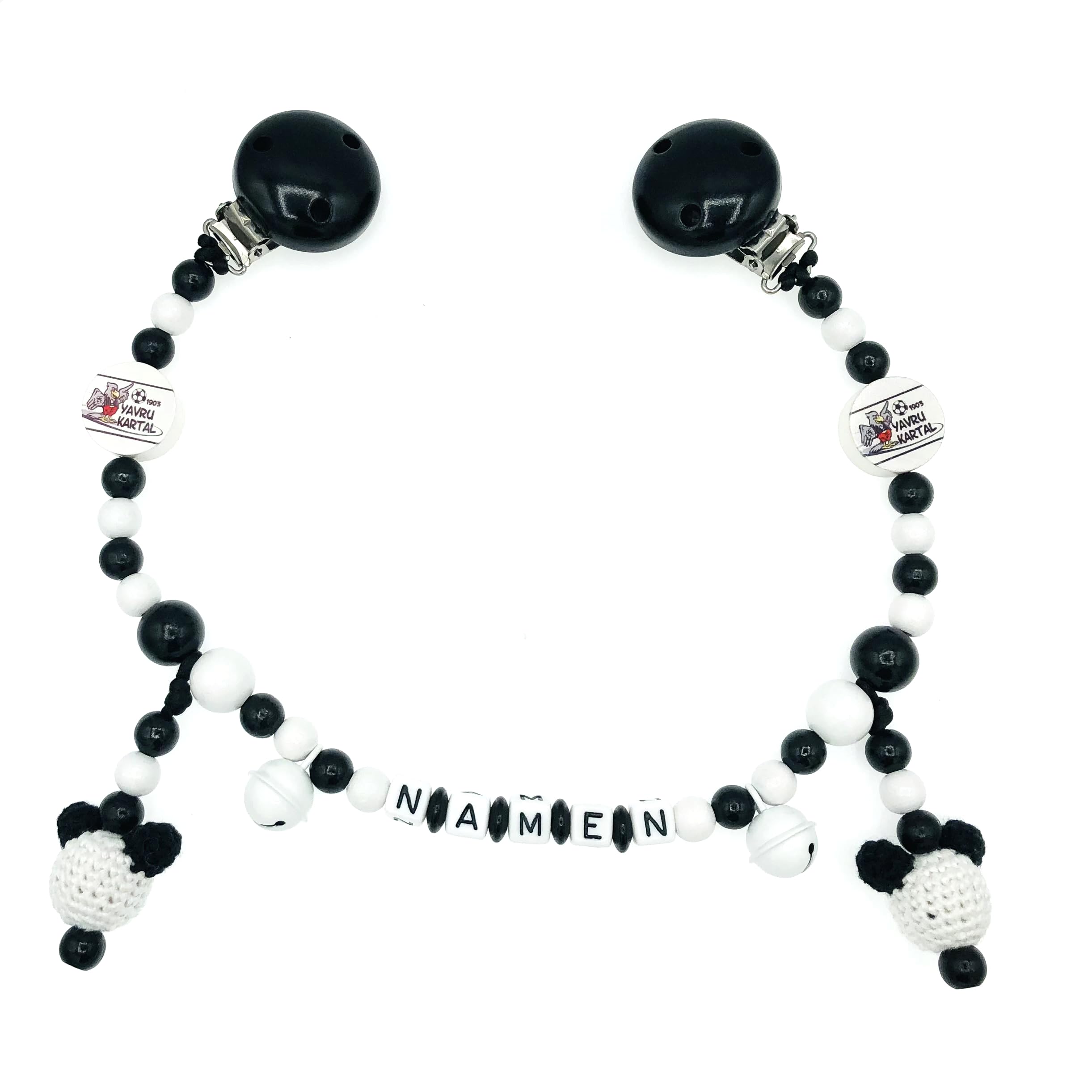 Set Nuckelkette + Kinderwagenkette mit Namen " für BESIKTAS Fan - YAVRU KARTAL - MAUS " Schwarz Weiß/Baby/Unisex/Personalisiert/HANDMADE