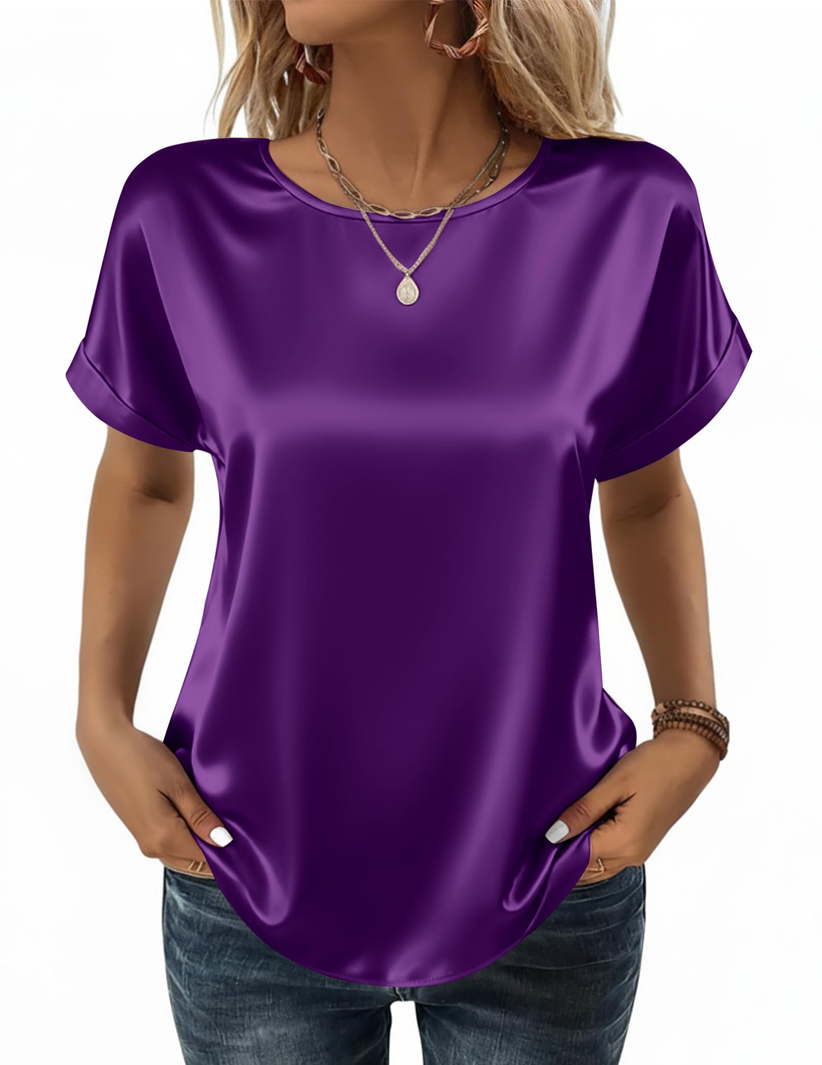 Zeagoo Chemisier Satin Femme Élégante Soie Blouse Ete Manches Courtes Top | Ample Basique Col Rond Chemise Casual Couleur Unie Haut S-XXL