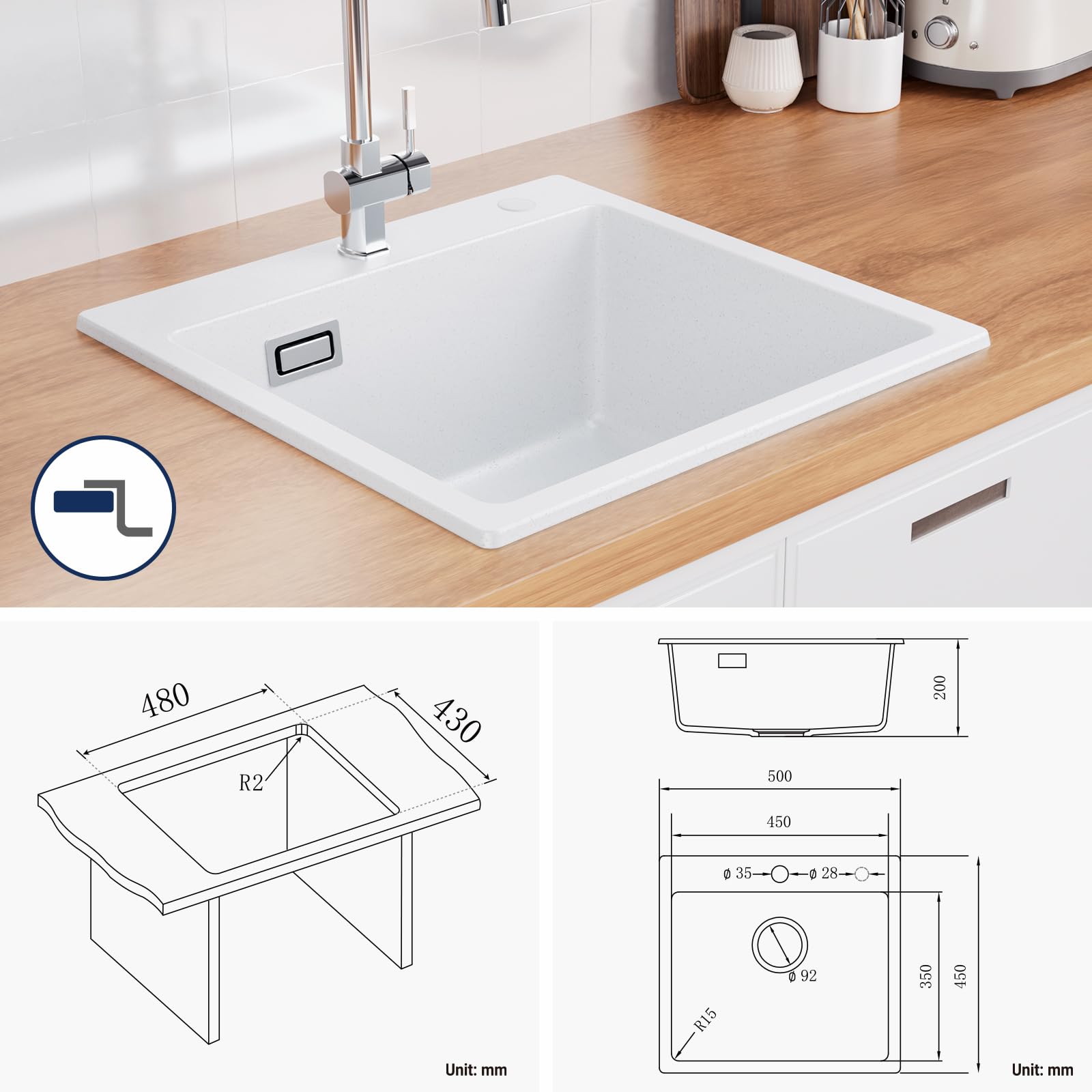 CECIPA Fregadero de cocina de 50 x 45 cm, 80% arena de cuarzo de granito, 1 lavabo empotrable, incluye sifón y sobre