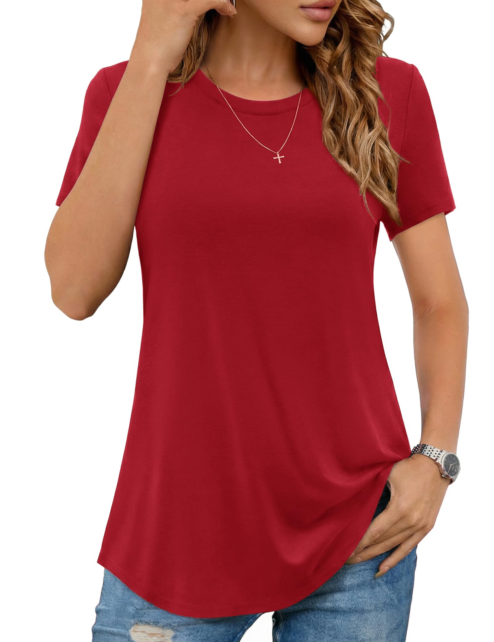 Aottori T-Shirt Damen Rundhals Sommer Oberteile Tshirt Kurzarm Basic Tops Elegant Locker Tee Shirts Einfarbig