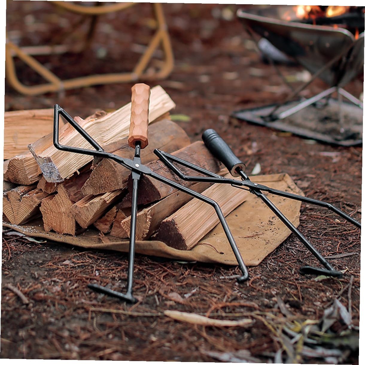 NUOBESTY Metal Charcoal Tongs Beech Wood Handle for Outdoor Camping Bbq, Fire Pit Tools for Grilling and Fireplace, Sturdy Barbecue Tong Accessory