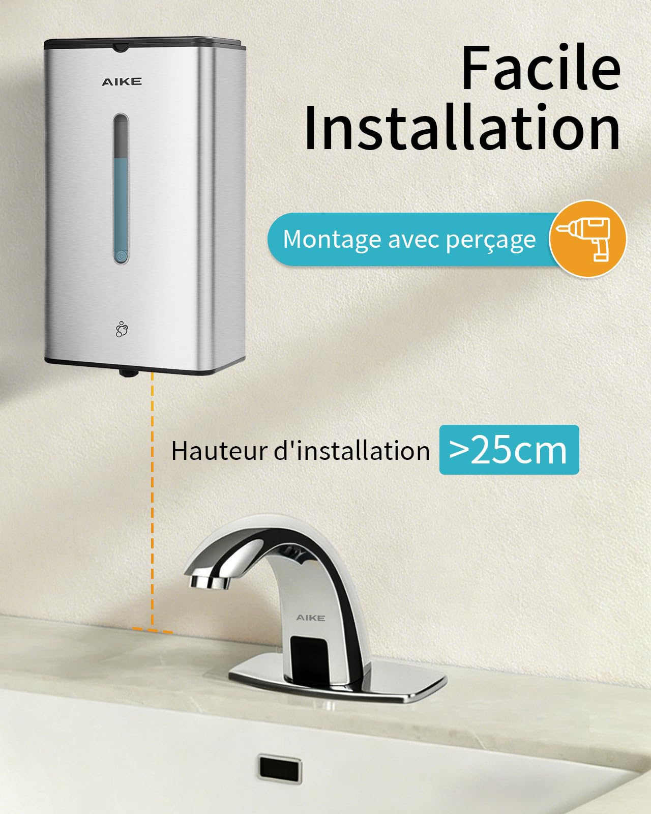 AIKE Distributeur De Savon Moussant Automatique, Murale pour Usage Commercial, 1000ML Acier Inoxydable pour Savon À Mains Moussant, AK1207FA