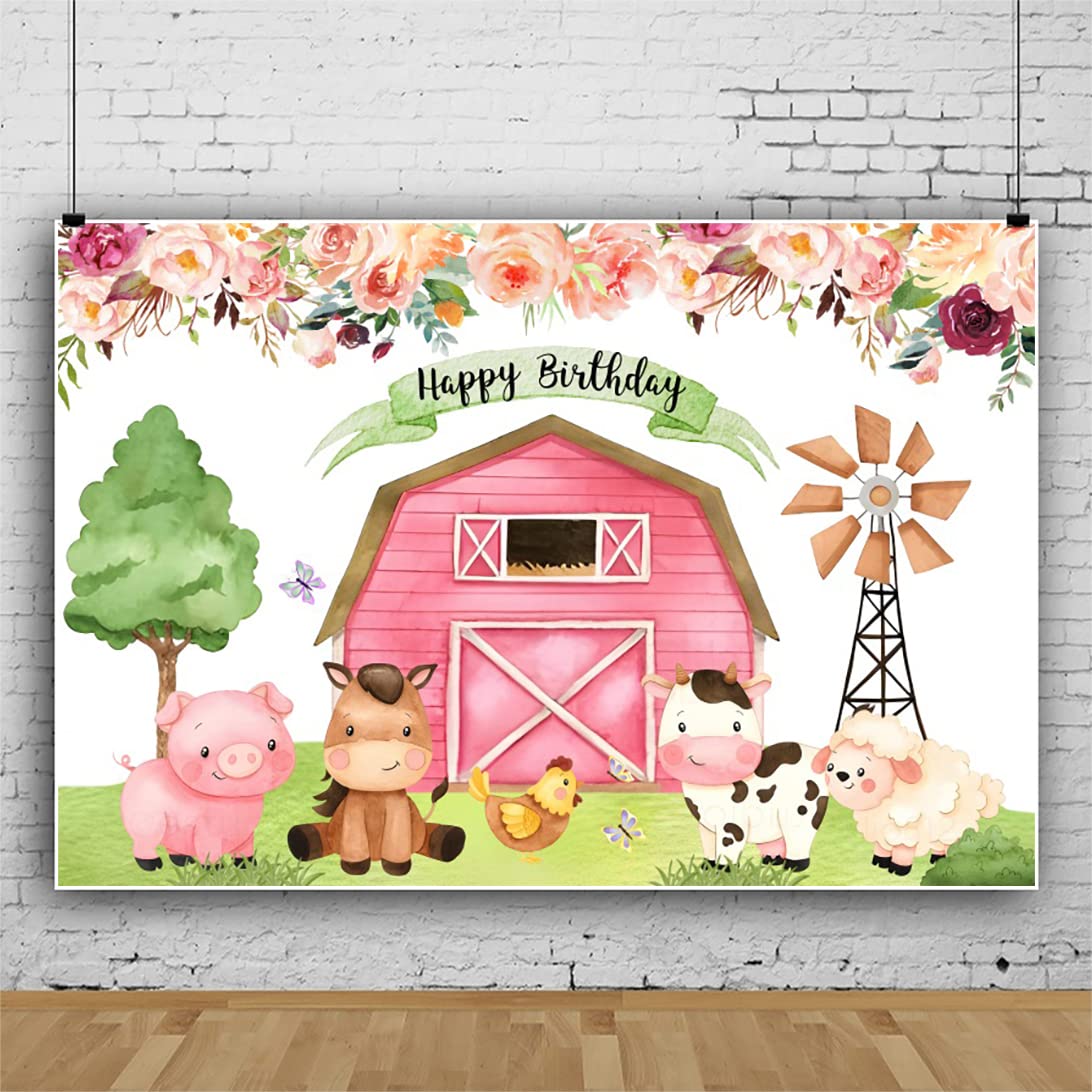 Bovlleetd 9x6ft Happy Birthday Backdrop Cartoon Animal House Tree Background Cute Pig Horse Cow Sheep Chicken Photography Background Baby Shower Birthday Party Banner โ image 1