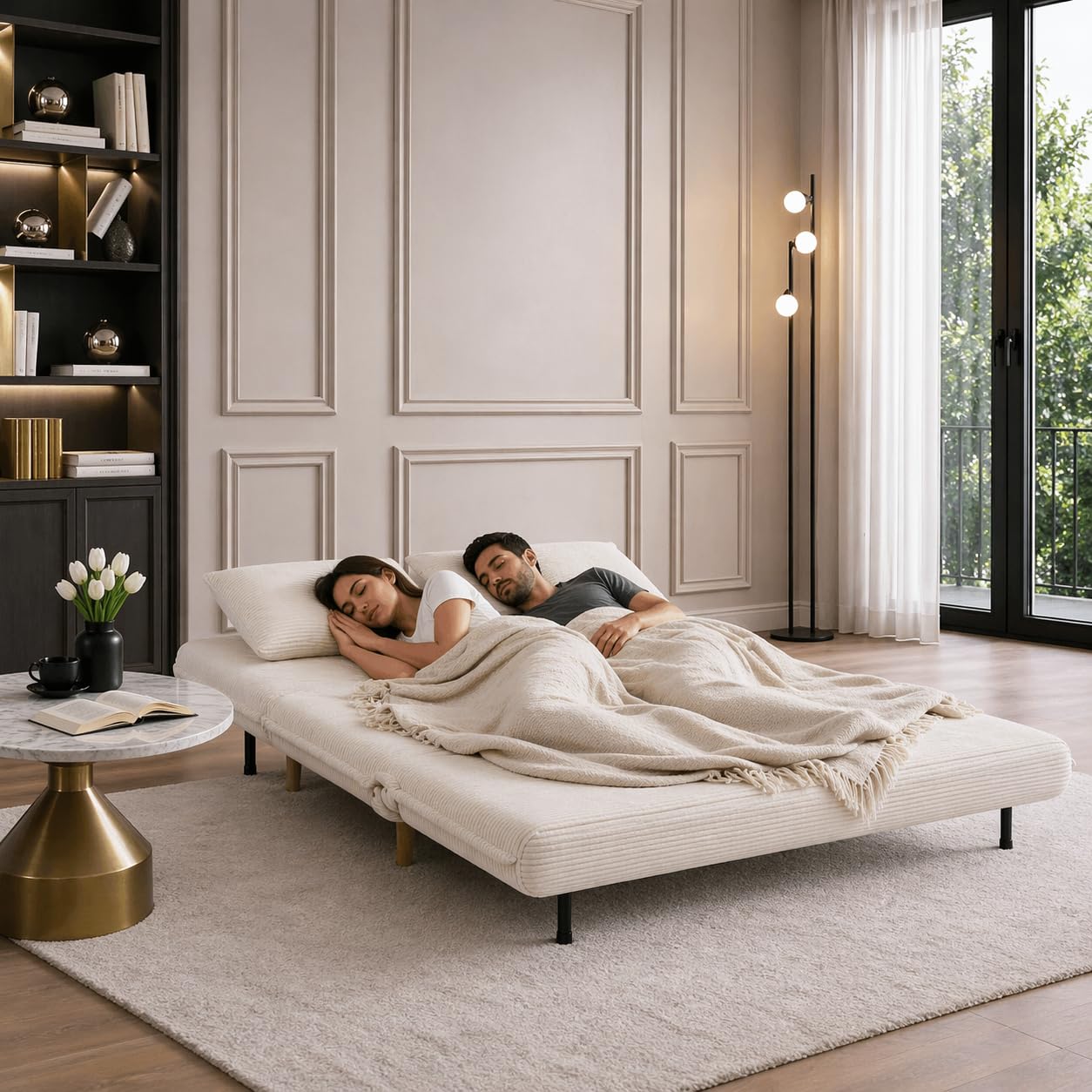 EVERGREENWEB Divano Letto Trasformabile in Letto Matrimoniale 160x190 con Materasso e Coppia Cuscini Imbottiti, Divanetto Clic Clac con Schienale Regolabile 3 Posti con Gambe in Legno, Bianco | VELVET