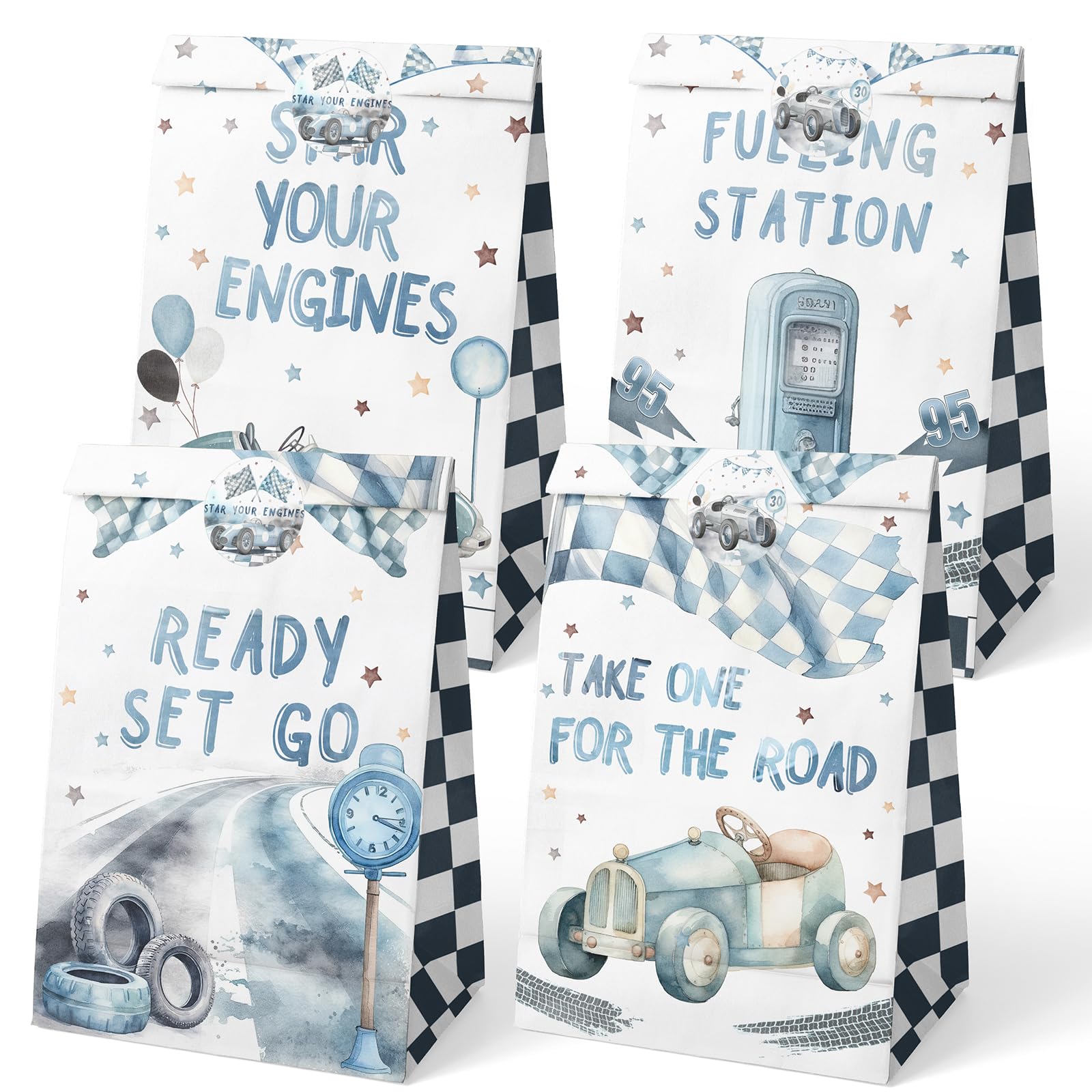 HaPiBiDesign Race Car Party Favor Bags - 24 Pcs with Stickers - Watercolor Race Car Themed Birthday Party Supplies