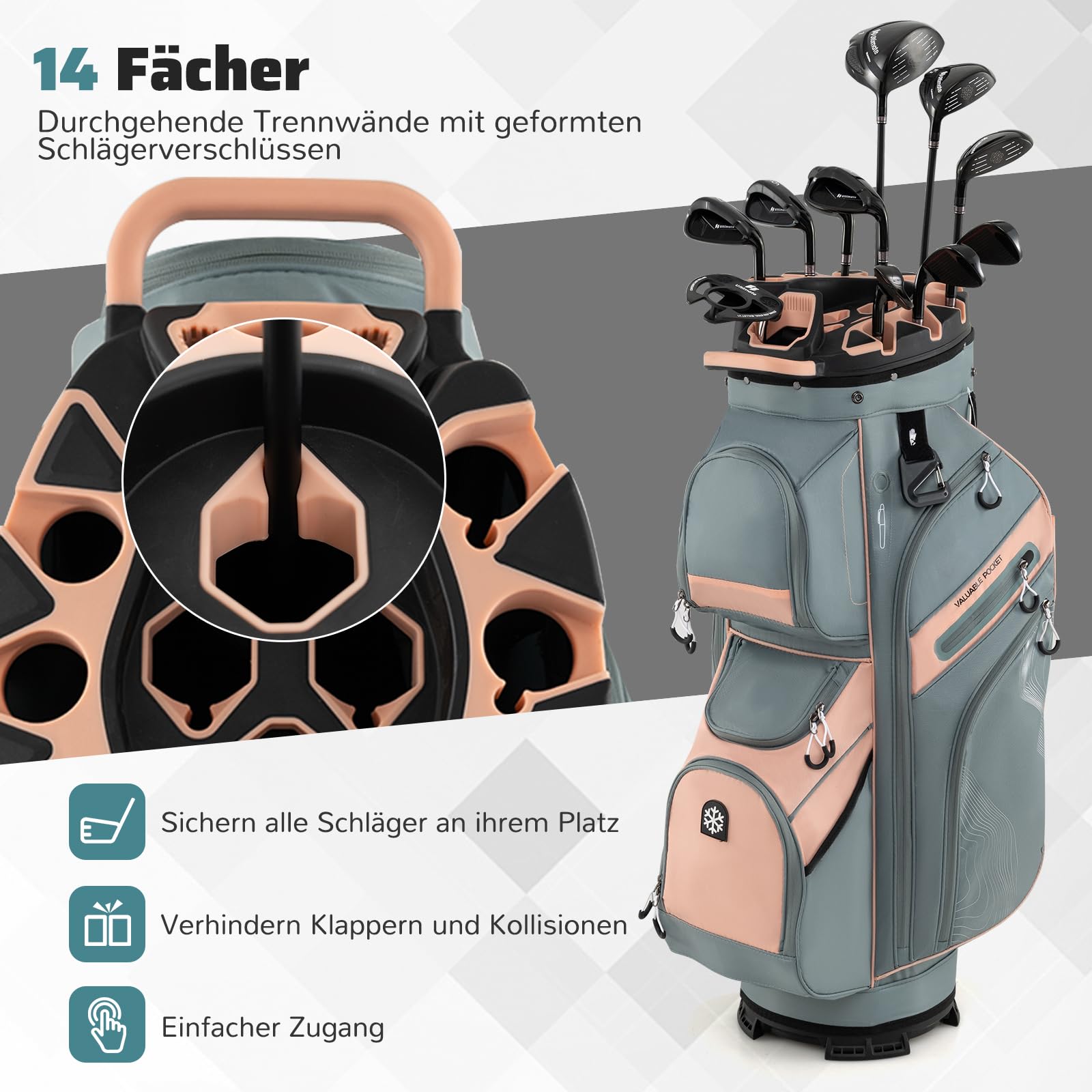 GYMAX Golftasche, tragbare Golf Cartbag mit 14 Fächern & 11 Taschen, Golfreisetasche mit Schultergurt & Schirmhalter, Standbag für Herren & Damen