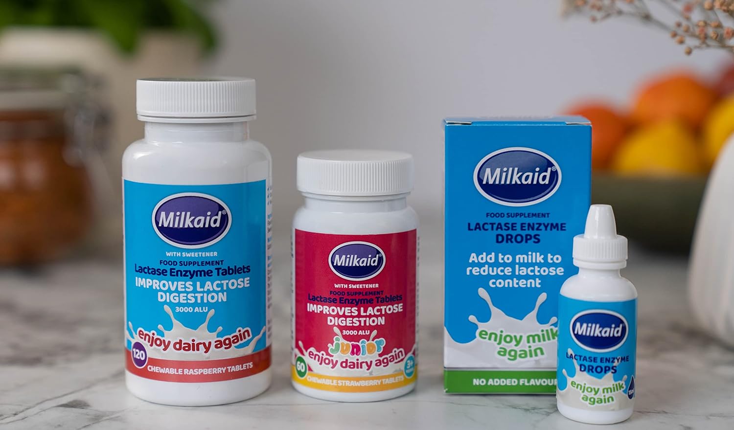 Milkaid Junior Lactase Enzyme Chewable Tablets & Milkaid Lactase Drops for Lactose Intolerance Relief | Prevents Gas, Bloating, Diarrhea in Children | Fast Acting Dairy Digestive Supplement | : Health & Household