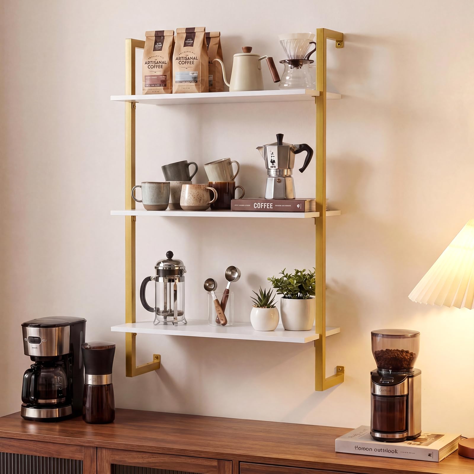 COSTWAY 3 stufiges Wandregal, Küchenregal mit Metallrahmen Lagerregal, schwebendes Bücherregal, Holzregal Schweberegal Hängeregal für Wohnzimmer, Büro & Küche, 53 x 23 x 90 cm (Weiß)