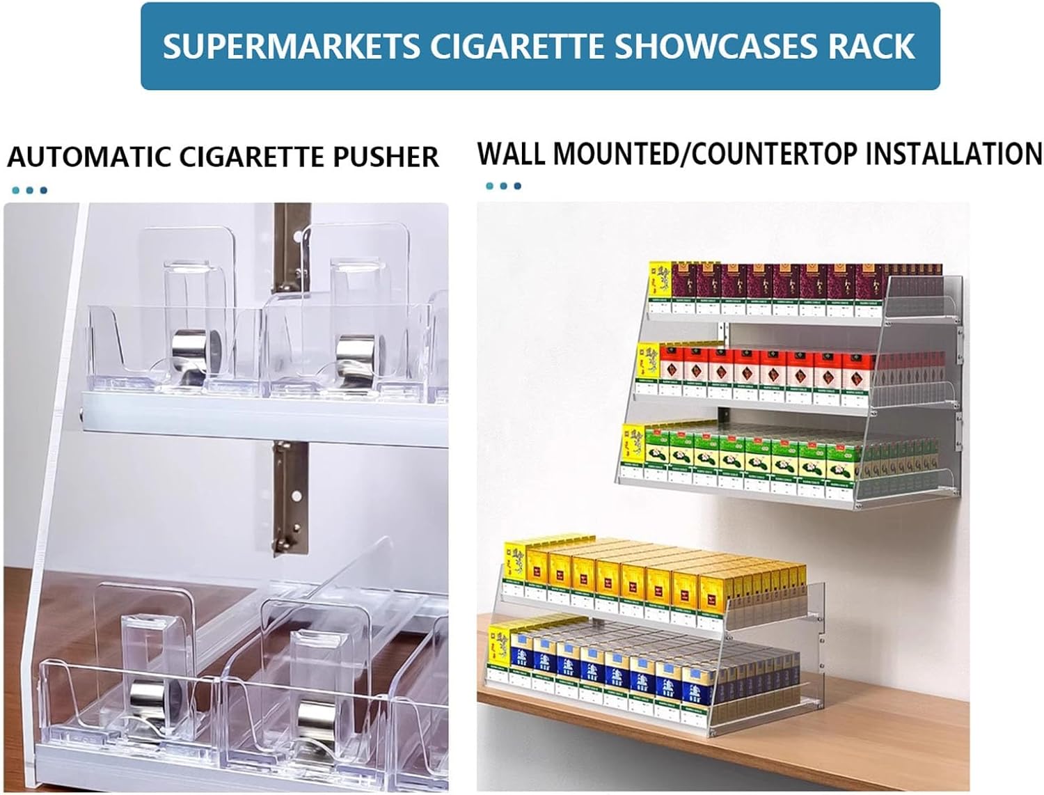 Wall-Mounted Cigarette Display Rack - Acrylic Automatic Pusher Organizer, Cigar Holder for Retail Counter, Easy Install POS Cabinet (62cm x 29cm x 42cm)