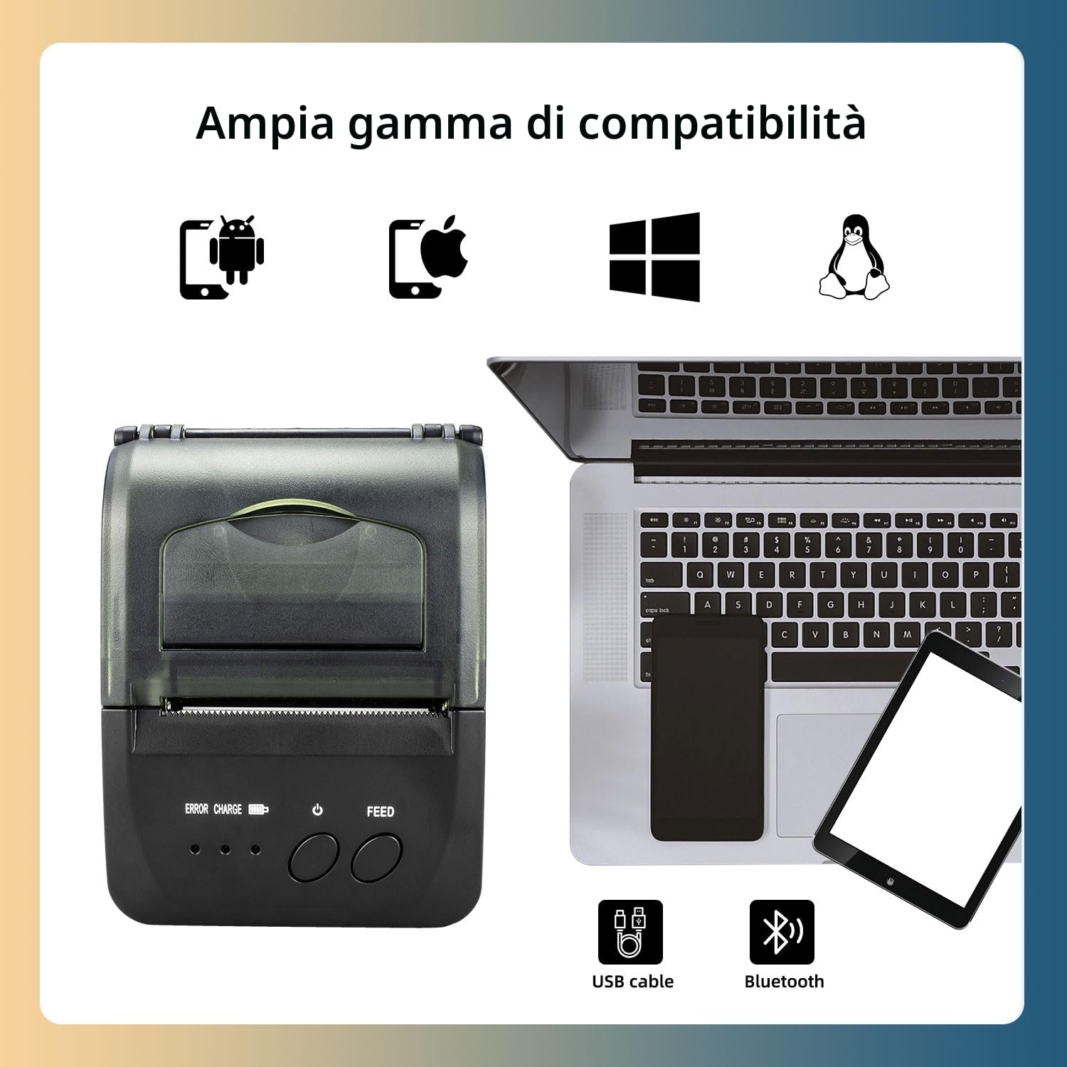NetumScan Stampante termica wireless Bluetooth per ricevute, 2 pollici 58 mm Mini USB POS stampante per ristorante al dettaglio compatibile con Android/iOS/PC/Windows NS1809DD