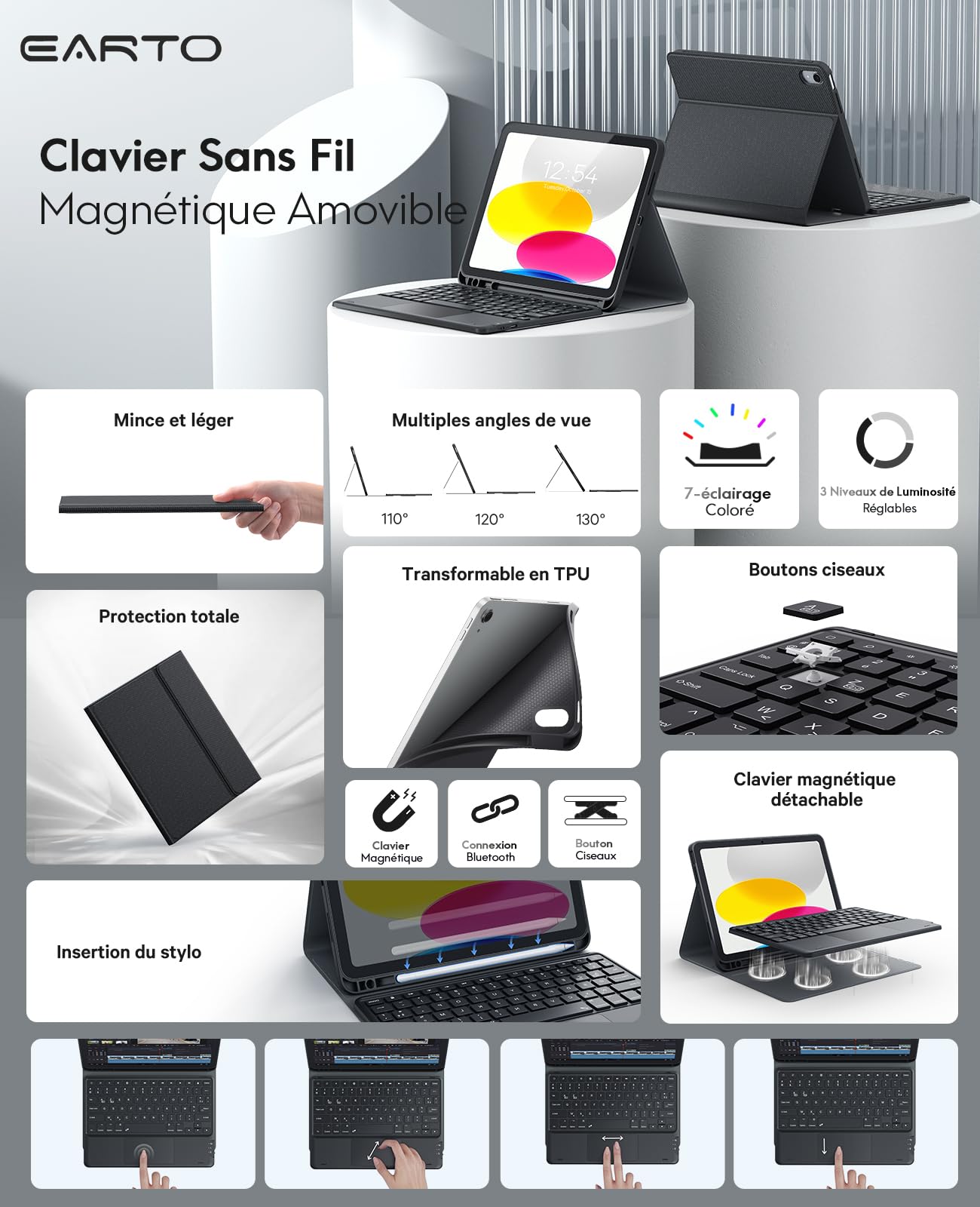 Earto Coque Clavier pour iPad 11 Ème génération 11" (A16 2025)/10 Ème génération 10.9" (2022), Clavier AZERTY avec Touchpad, Rétroéclairage 7 Couleurs avec, Support pour Apple Pencil, Noir