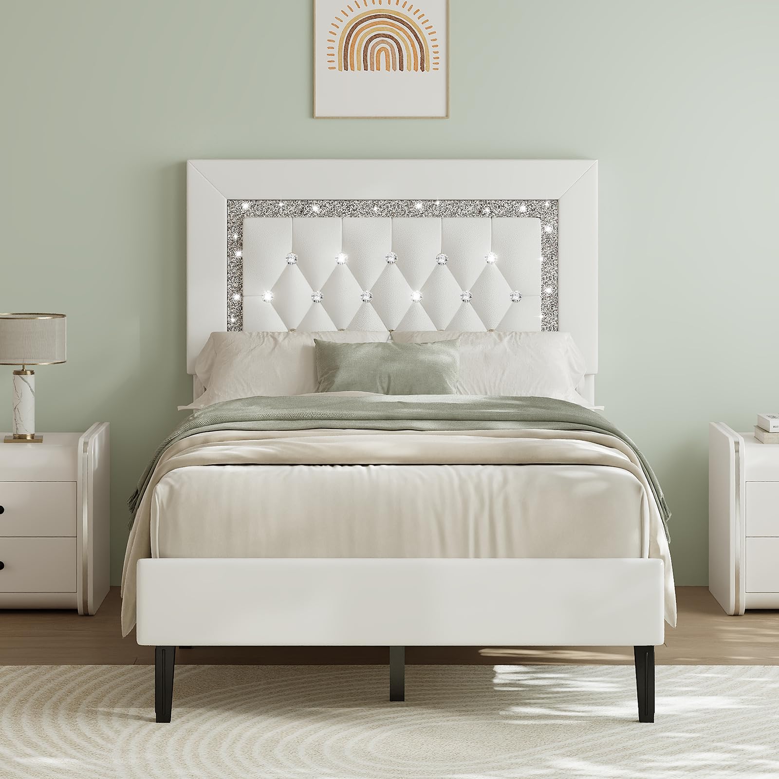HOMBCK Single Bed Frame, Upholstered Platform Bed with Diamond Tufted Headboard, Wood Slat Support, No Box Spring Needed, White, 90x 190