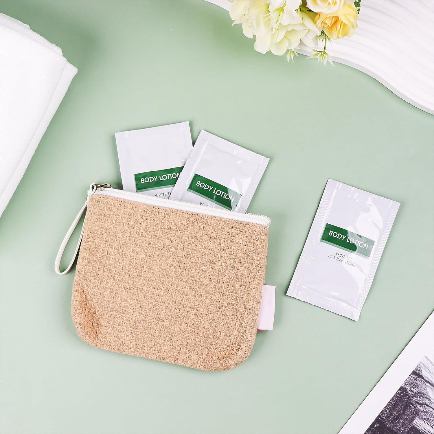 200 pack Travel Size Body Lotion Bulk Individually Wrapped - Refreshing Mini Lotion Single Use Supplies for Homeless Care Hotel Guests, White Tea Scent,0.35 fl oz/10ml