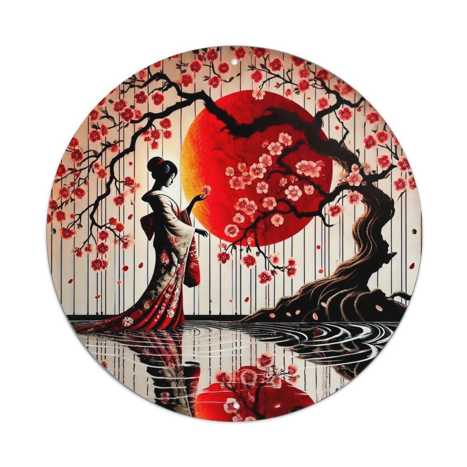 Geisha Under Red Moon Blossoms Vintage Metal Tin Sign Retro Wall Decor for Home Bar Garage Cafe, Indoor & Outdoor Decorative，circle Metal Poster, 8x8 Inch