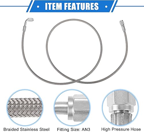 Vista 172 de AN3 - Línea de alimentación de aceite turbo de acero trenzado de 90 grados a extremo de manguera recto, turbocompresor remoto de 24 pulgadas, línea