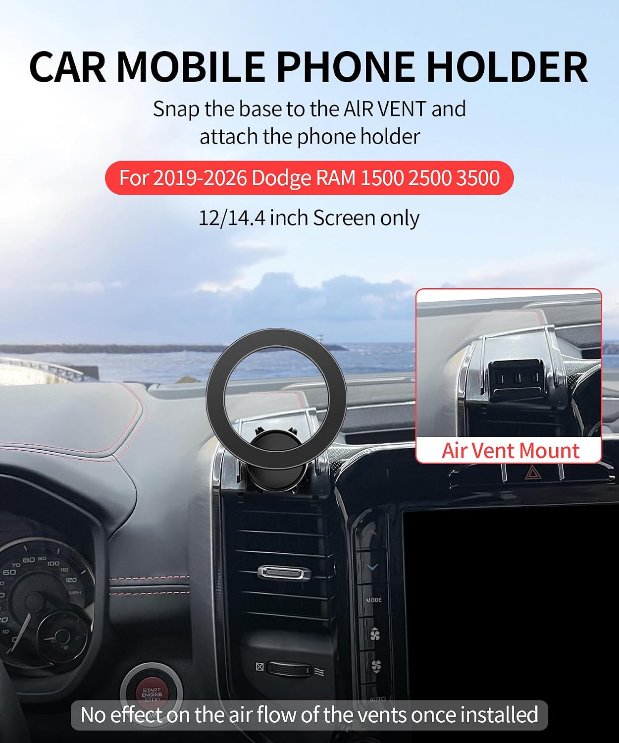 Car Phone Holder for 2019-2026 Dodge RAM 1500/RAM 2500/RAM 3500 Accessories, 360° Rotation Phone Mount Compatible with MagSafe, Cell Phone Holder Does Not Affect Air Vent (12 inch)