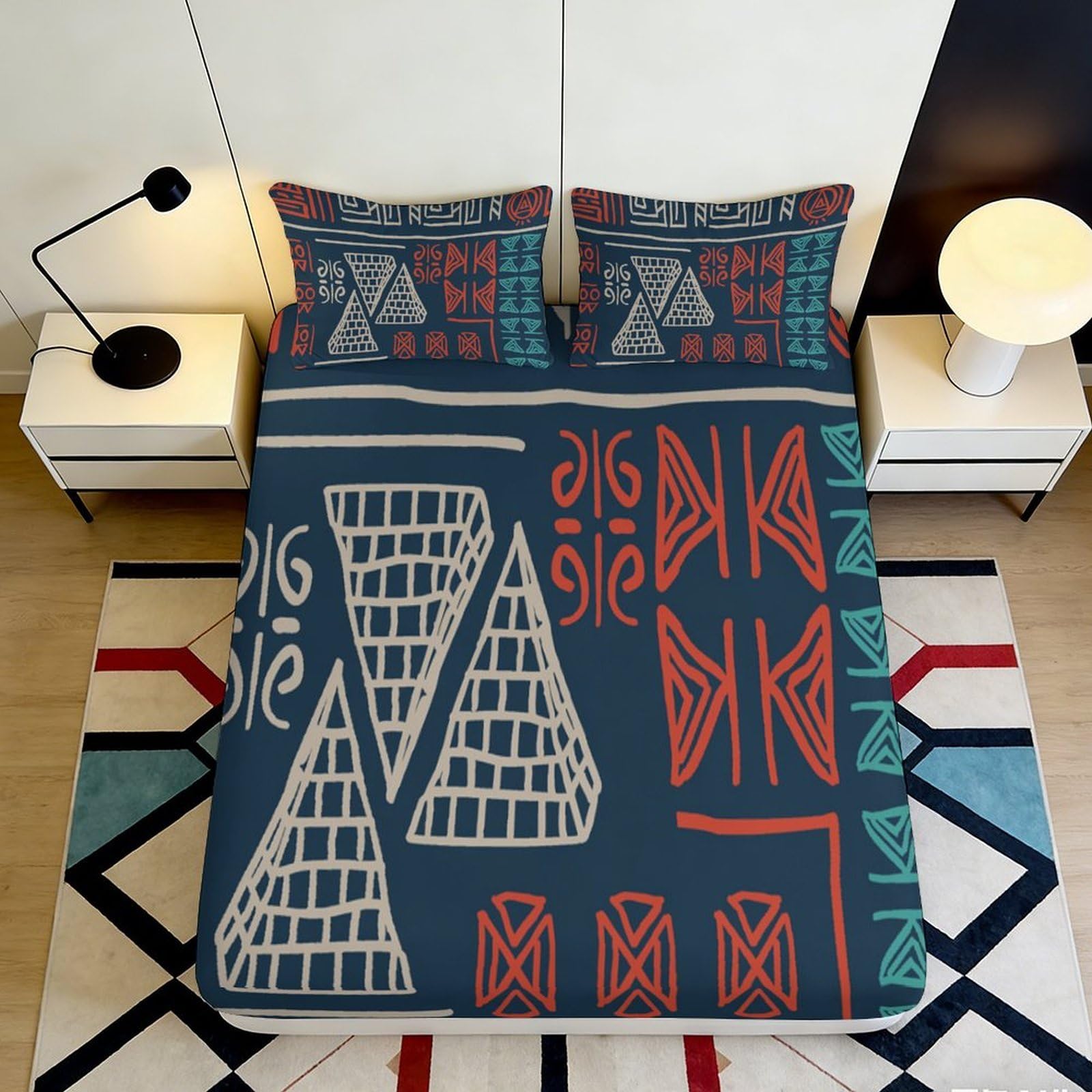 3D Printed Tribal Geometric Fitted Sheet Microfiber Durable Breathable Abstract Pattern Bed Cover for Bedroom Dormitory Guest Room Mattress Protection 120x200x25cm