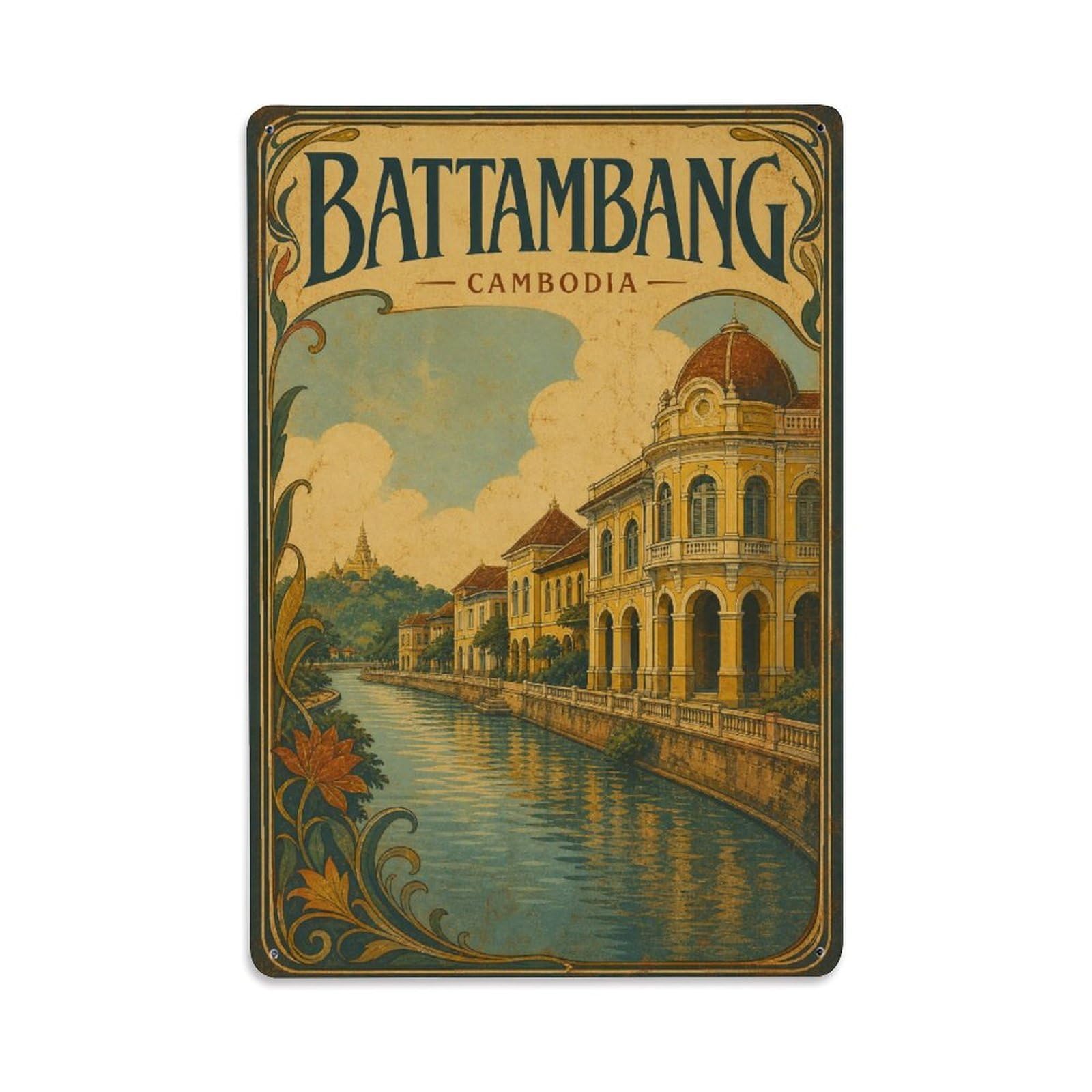 Metal Tin Sign Vintage Travel Cambodia Battambang