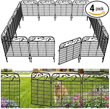 AMAGABELI GARDEN & HOME 4 Pack Metal Garden Fence Border 36”(L) x44”(H) Heavy Duty Tall Rustproof Decorative Garden Fencing Gate Panels Animal Barrier for Dog Iron Edge Folding Flower Bed Leaf Black