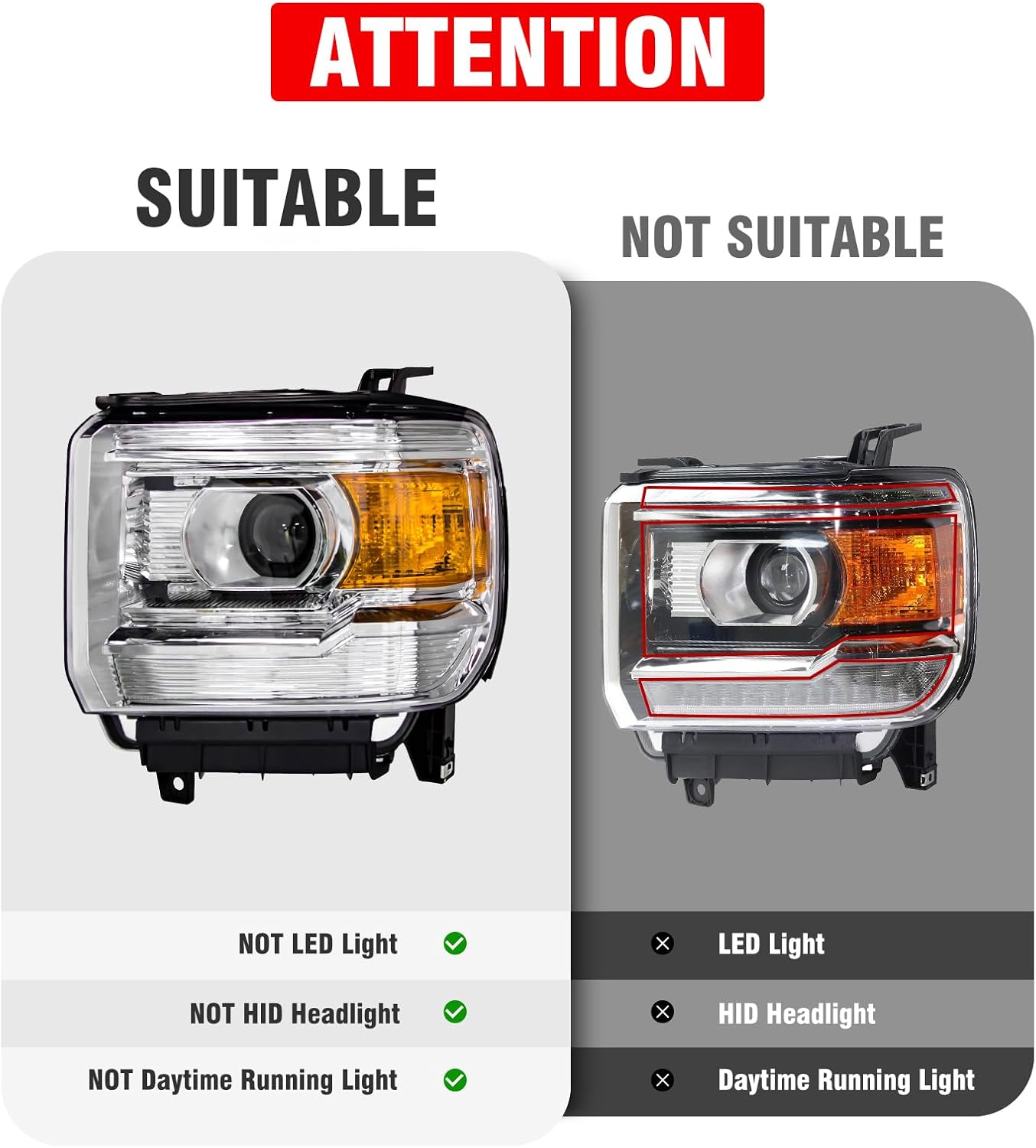 for 2014-2019 GMC Sierra Headlight Assembly 2014-2018 Sierra 1500 | 2015-2019 Sierra 2500/3500 Base/Denali/SLE/SLT Chrome Housing Amber Reflector Replacement Pair
