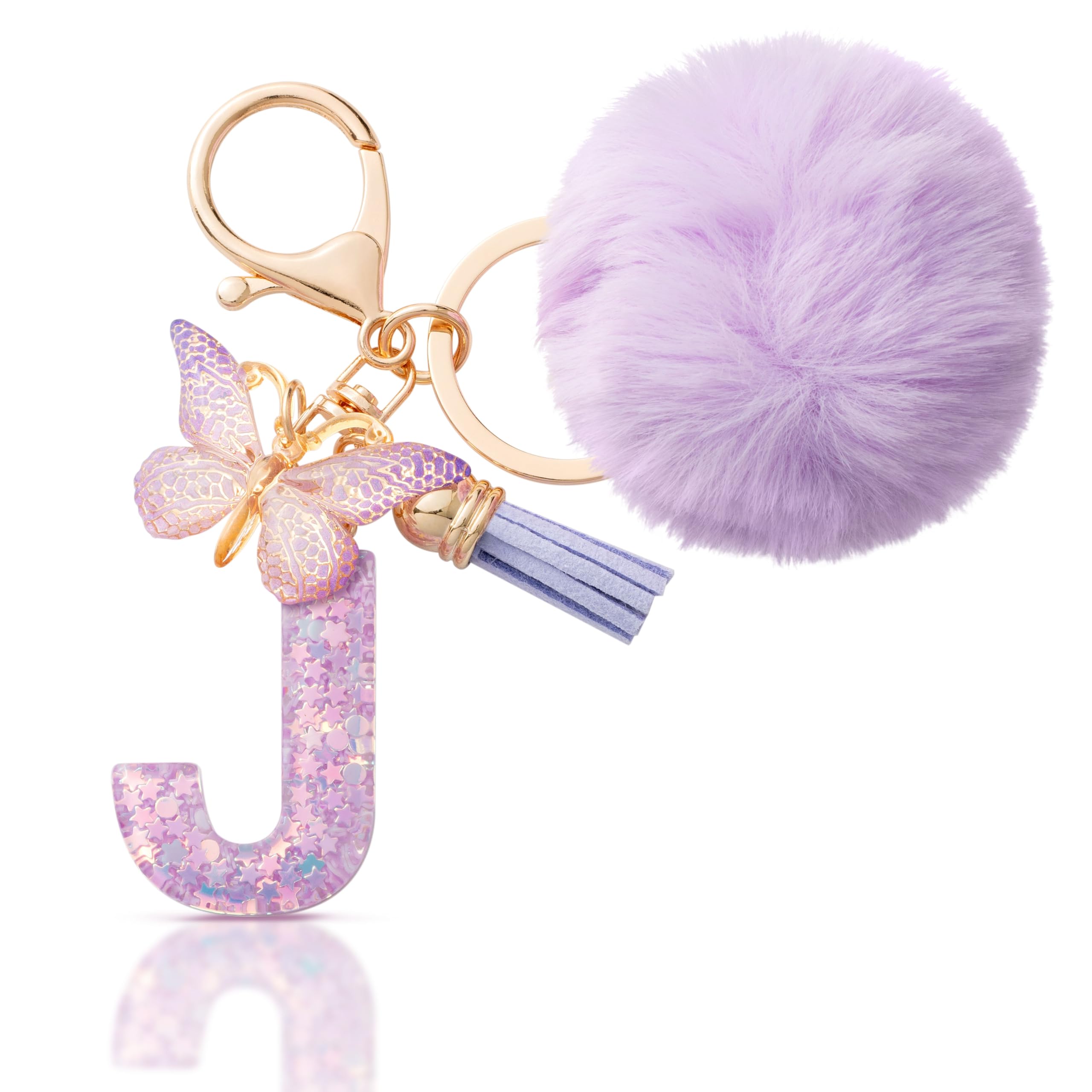 CHUQING Schlüsselanhänger Buchstabe Geschenke Mädchen Schlüssel Anhänger mit Pompon Anfangsbuchstaben Keychain Letter Schmetterling für Frauen Damen Geburtstagsgeschenk
