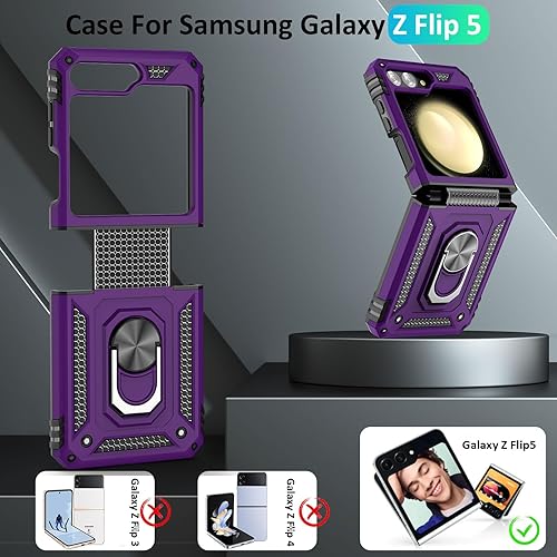 Miniatura 3 de Funda de teléfono para Samsung Z Flip 5 para hombres con soporte, soporte de anillo giratorio de 360 integrado para Samsung Galaxy Z Flip 5 - Negro