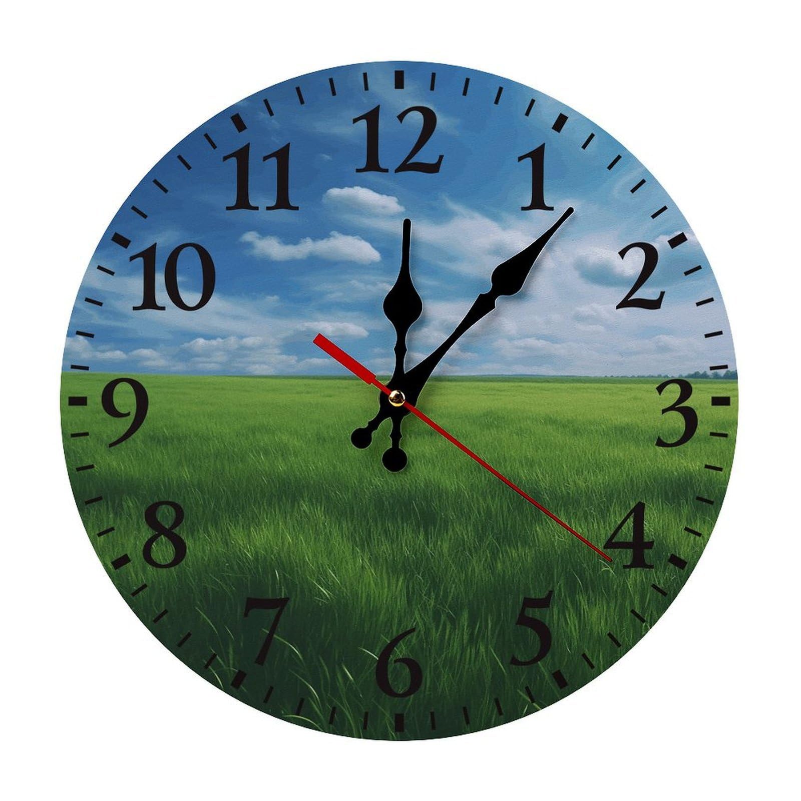 NTVOWPZO 10 Inch Wall Clock Field Green Grass Battery Operated Wall Clocks Silent Non-Ticking Round Wall Clock for Living Room Kitchen Home Office Wall Decorative Clock
