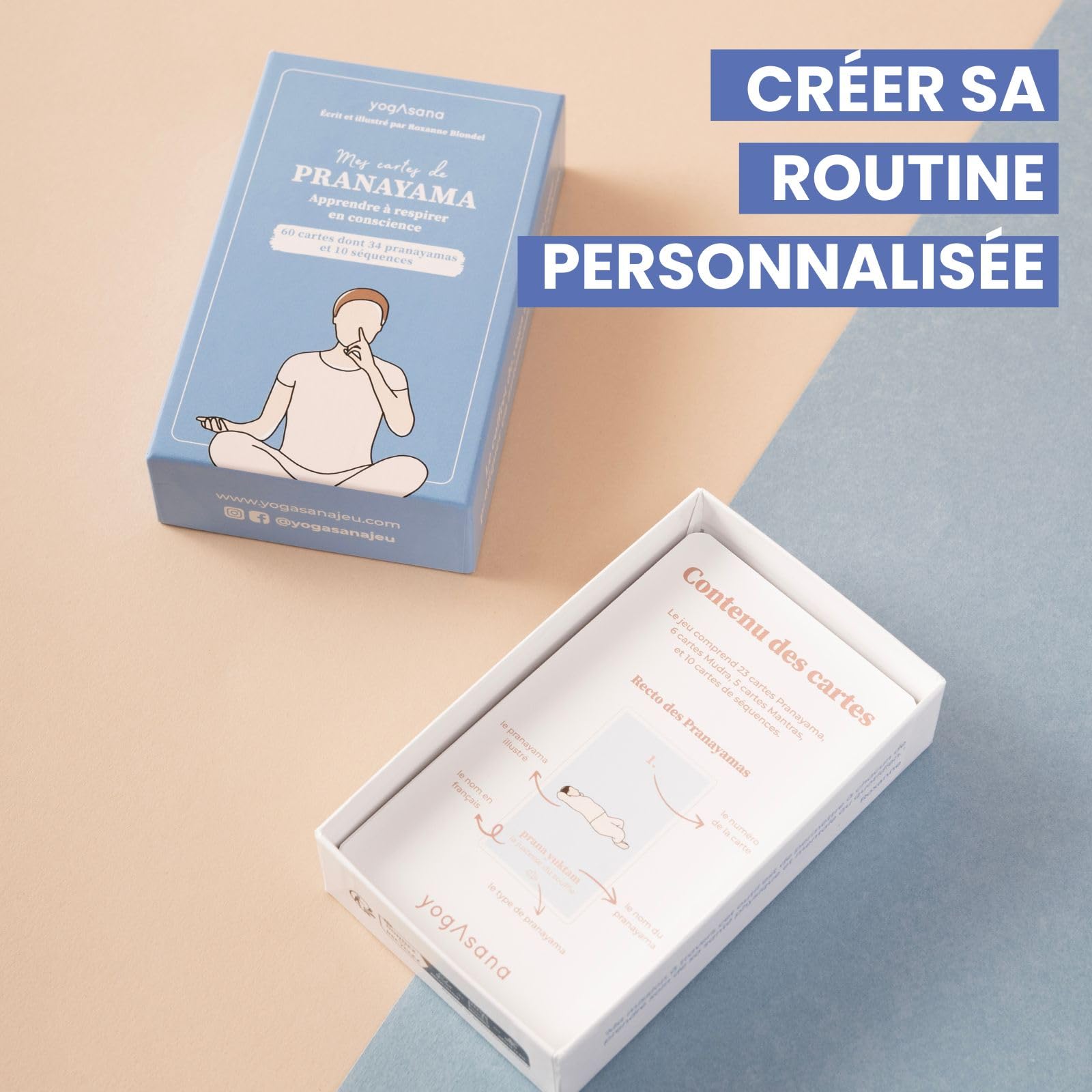 Yogasana jeu de carte français Pranayama - 60 cartes – Apprenez à respirer en conscience – Créez votre routine personnalisée - Illustrations de postures – Coffret ludique & accessible pour tous niveau