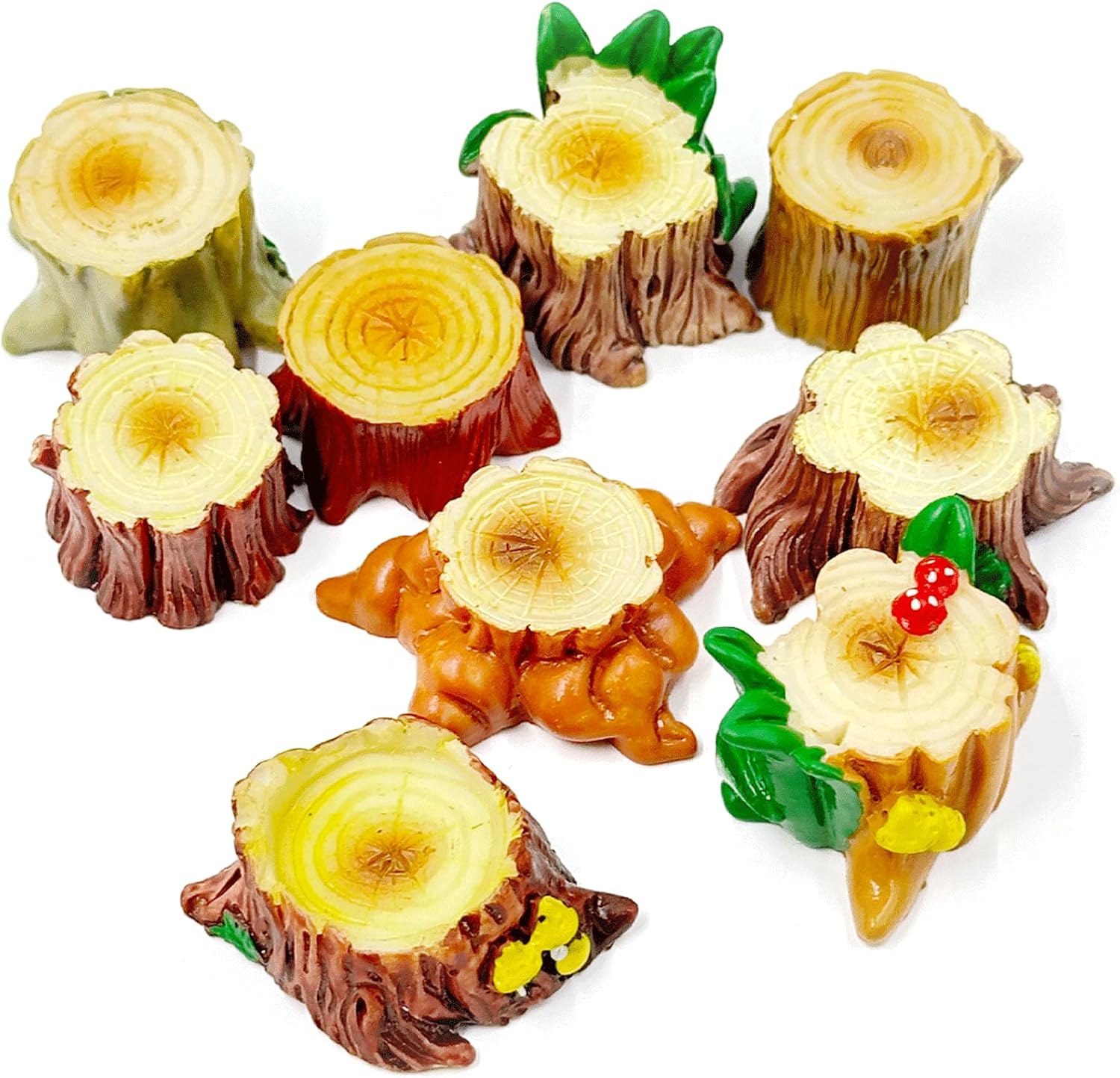 9PCS Mini Tree Stump Resin Figurines, 9 Styles Simulation Stumps, Forest Themed Miniature Ornaments for Home Desk Fairy Garden Terrarium Tabletop Nature-Themed Decorations & DIY Crafts Gifts