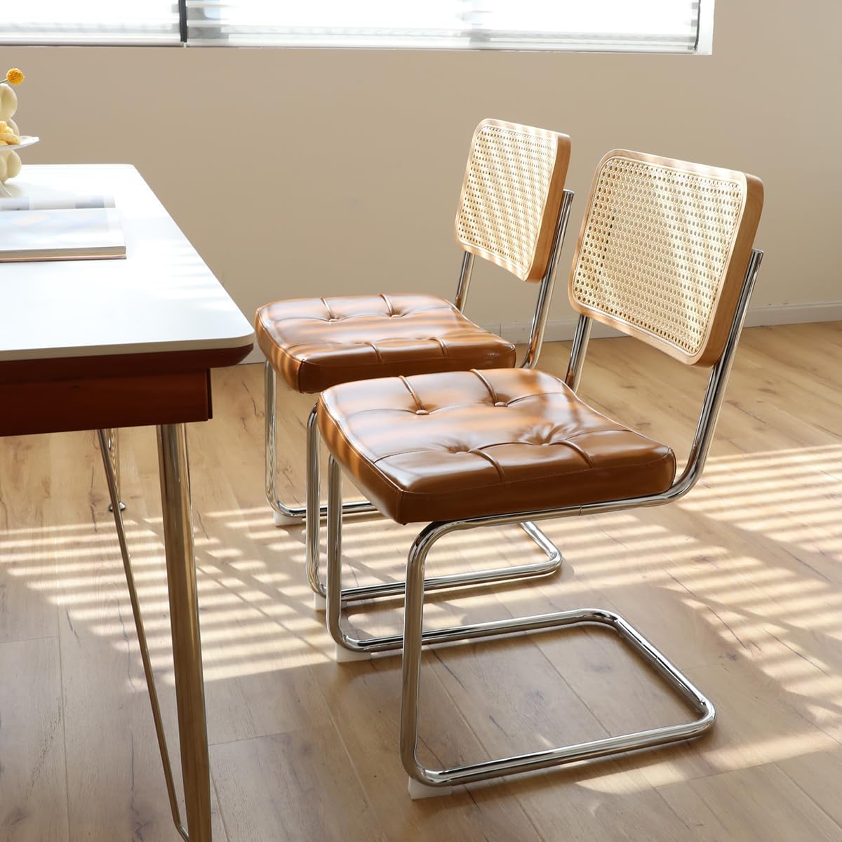 MFFM Rattan Dining Chairs Set of 2, Faux Leather Dining Room Chair with Solid Back and Chrome Legs, Modern Mid Century Designed Chairs for Dining,Living Room,Kitchen Chairs (Leather Brown)