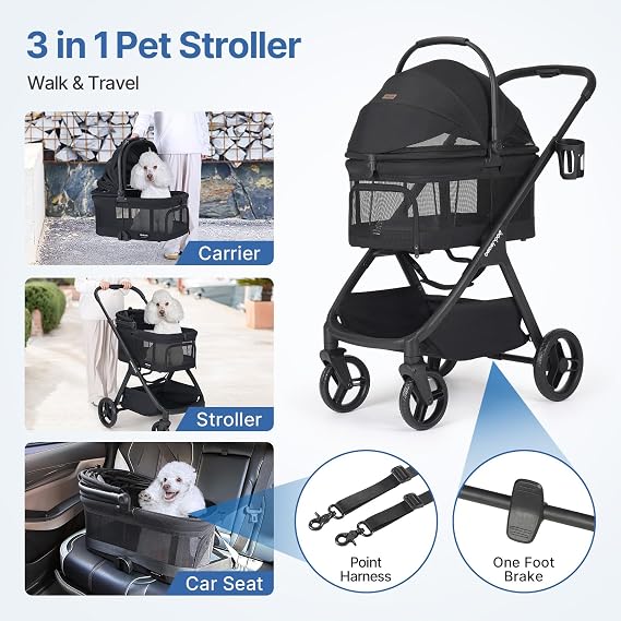 Beberoad X-5 Luxury Pet Stroller for Medium Pets Up to 25kg, Net Black | Full View Dog Pram, 3-in-1 Detachable Carrier & Car Seat, One-Touch Fold, All-Terrain Pushchair, Adjustable Handle