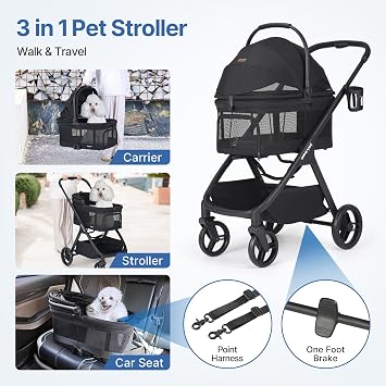 Beberoad X-5 Luxury Pet Stroller for Medium Pets Up to 25kg, Net Black | Full View Dog Pram, 3-in-1 Detachable Carrier & Car Seat, One-Touch Fold, All-Terrain Pushchair, Adjustable Handle