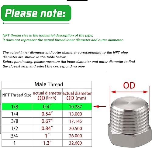 Miniatura 9 de Tapón de rosca de cabeza hexagonal exterior 12 pulgada NPT macho, acero inoxidable 304 (paquete de 4)