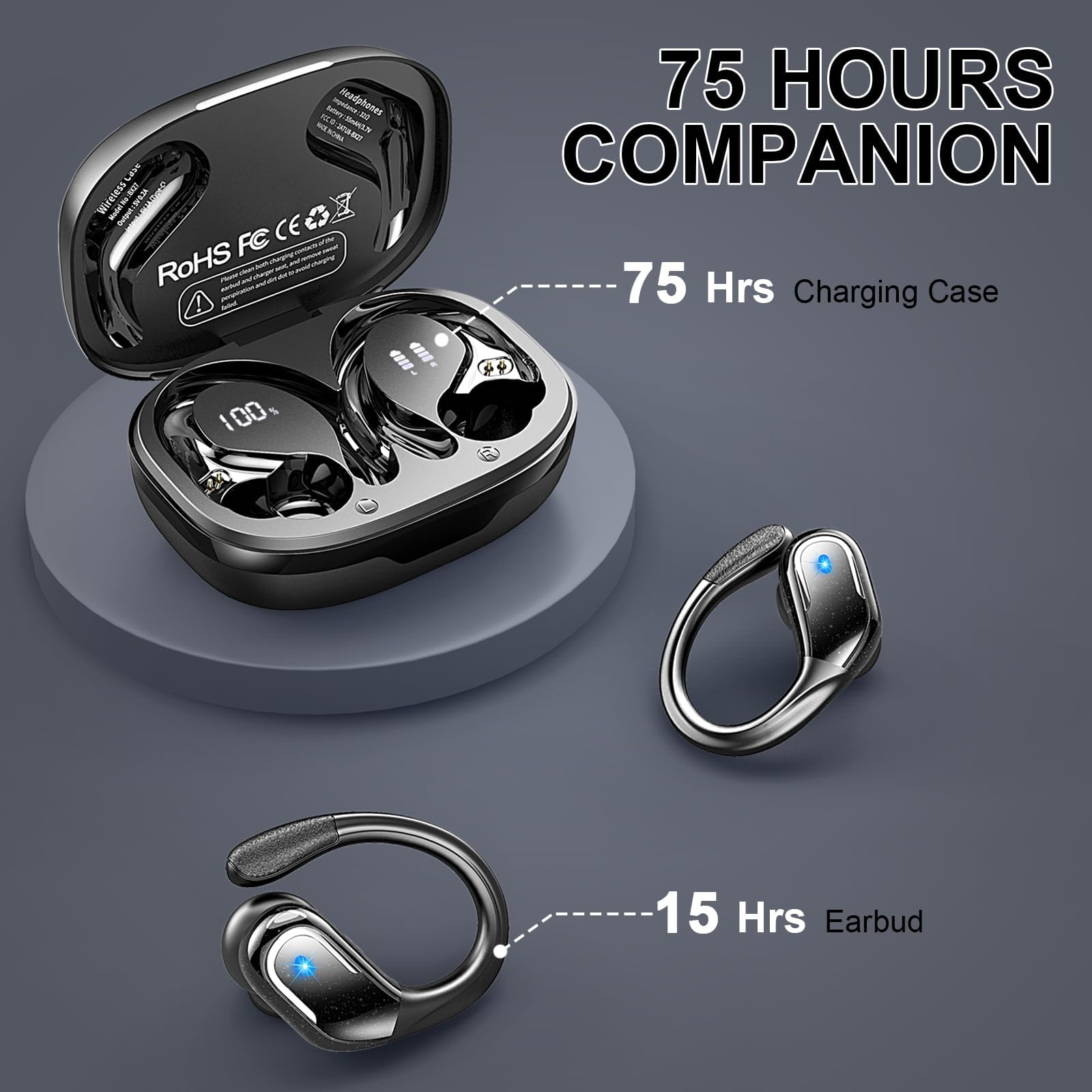 Écouteurs sans fil Bluetooth 5.4 avec stéréo 75 heures, 4 micros ENC, suppression du bruit avec crochets d'oreille, écouteurs étanches IP7 pour entraînement/course/gym