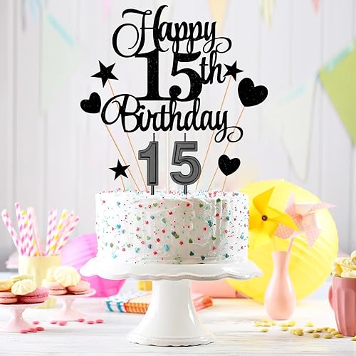 Miniatura 4 de El juego de decoraciones para tartas de cumpleaños de 15 años incluye velas de cumpleaños número 15 velas y adornos para pasteles de feliz