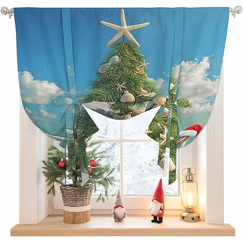 Tie Up Curtain for Windows, Christmas Tree Beach Shells Pelicans Balloon Rod Pocket Curtains Adjustable Tie-up Shade Valance for Kitchen, Blue Ocean Sky Window Treatment 1 Panel 36x45in