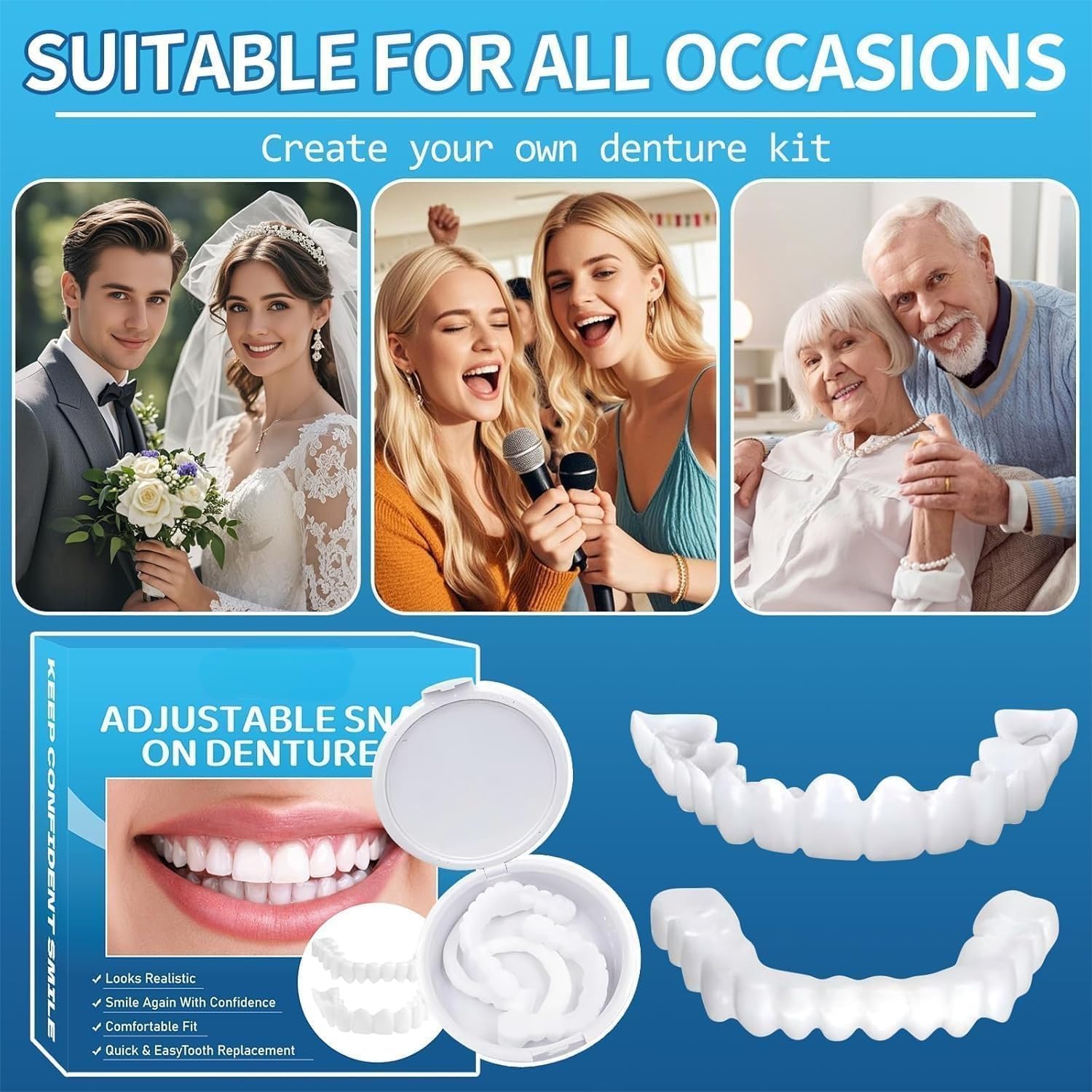 Snap-On Veneers Teeth for Women and Men, Natural Tooth Replacement Kit, Comfortable Reusable Dental Cover for Instant Confident Smile, Top and Bottom Set