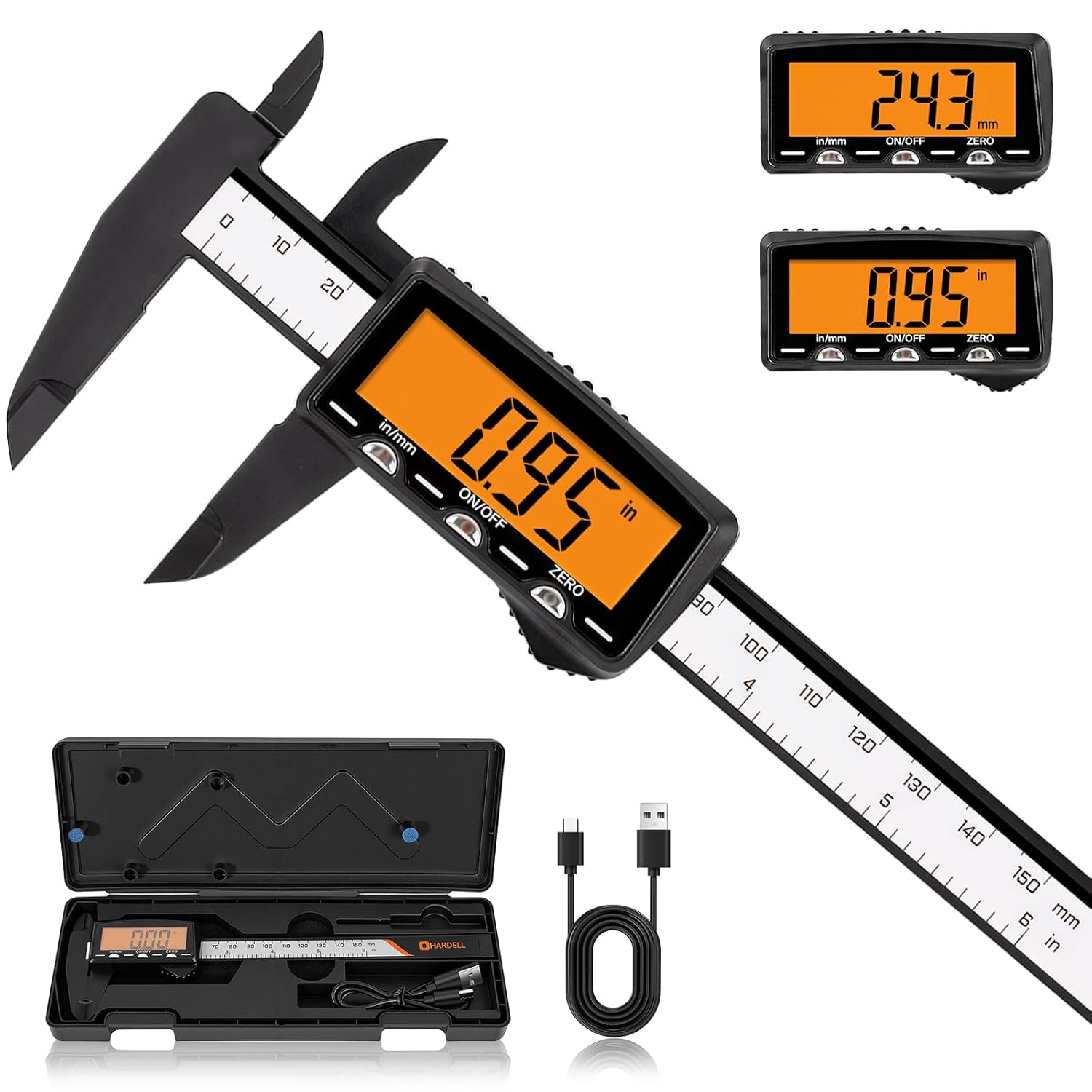 HARDELL Rechargeable Digital Caliper, 6″ Plastic Calipers with Large Orange Screen (Non-Backlit), Inch/mm, Auto-Off Micrometer – Everyday Caliper Measuring Tool for Woodworking, DIY & Household