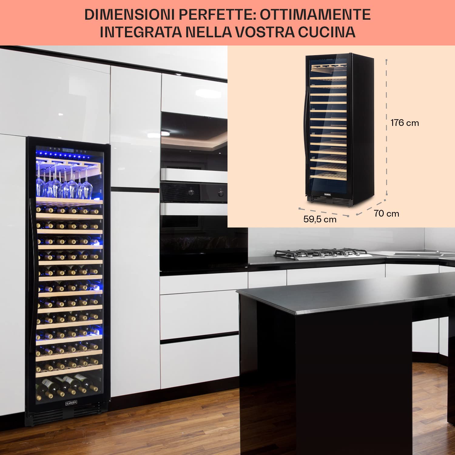 Klarstein Cantinetta Vino Design da Incasso, Cantinetta Vino Refrigerata a Zona Singola per Vino Rosso, Bianco e Birra, Controlli Touch, Frigo Vino Cantinetta per Esterno/Interno, 433L, 165 Bottiglie