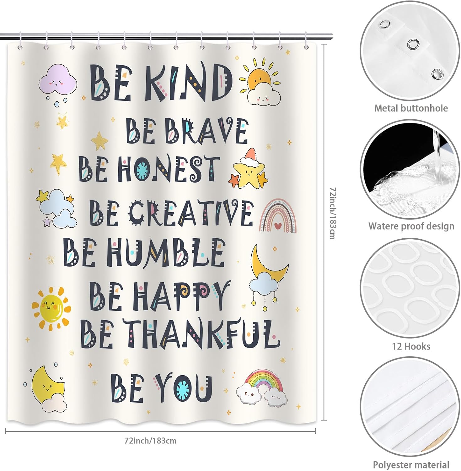 Kids Shower Curtain, Cartoon Shower Curtain, Inspirational Motivational Quotes Positive Words Shower Curtain Set Waterproof Fabric Bath Curtain Bathroom Decor with 12 Hooks, 72x72 inches